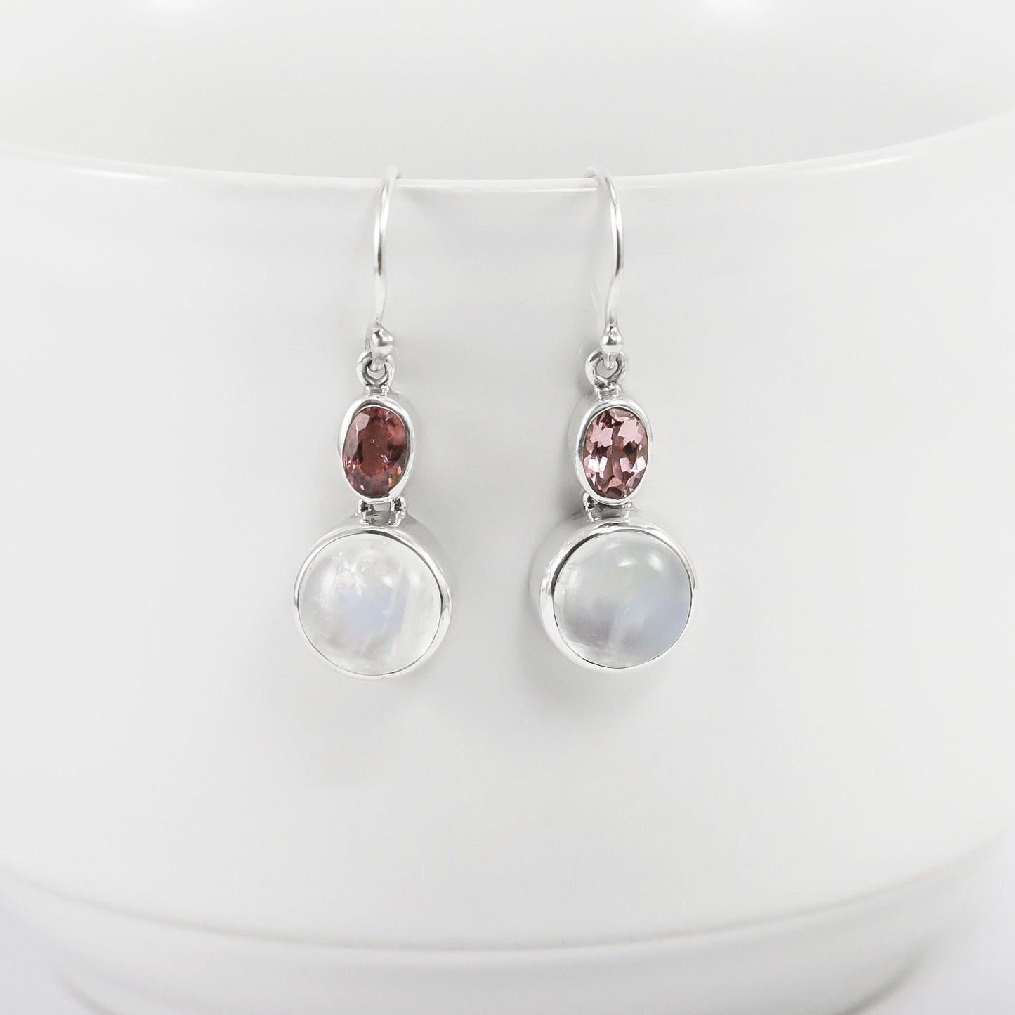 moonstone earrings dangle 925 sterling silver with genuine pink tourmaline
