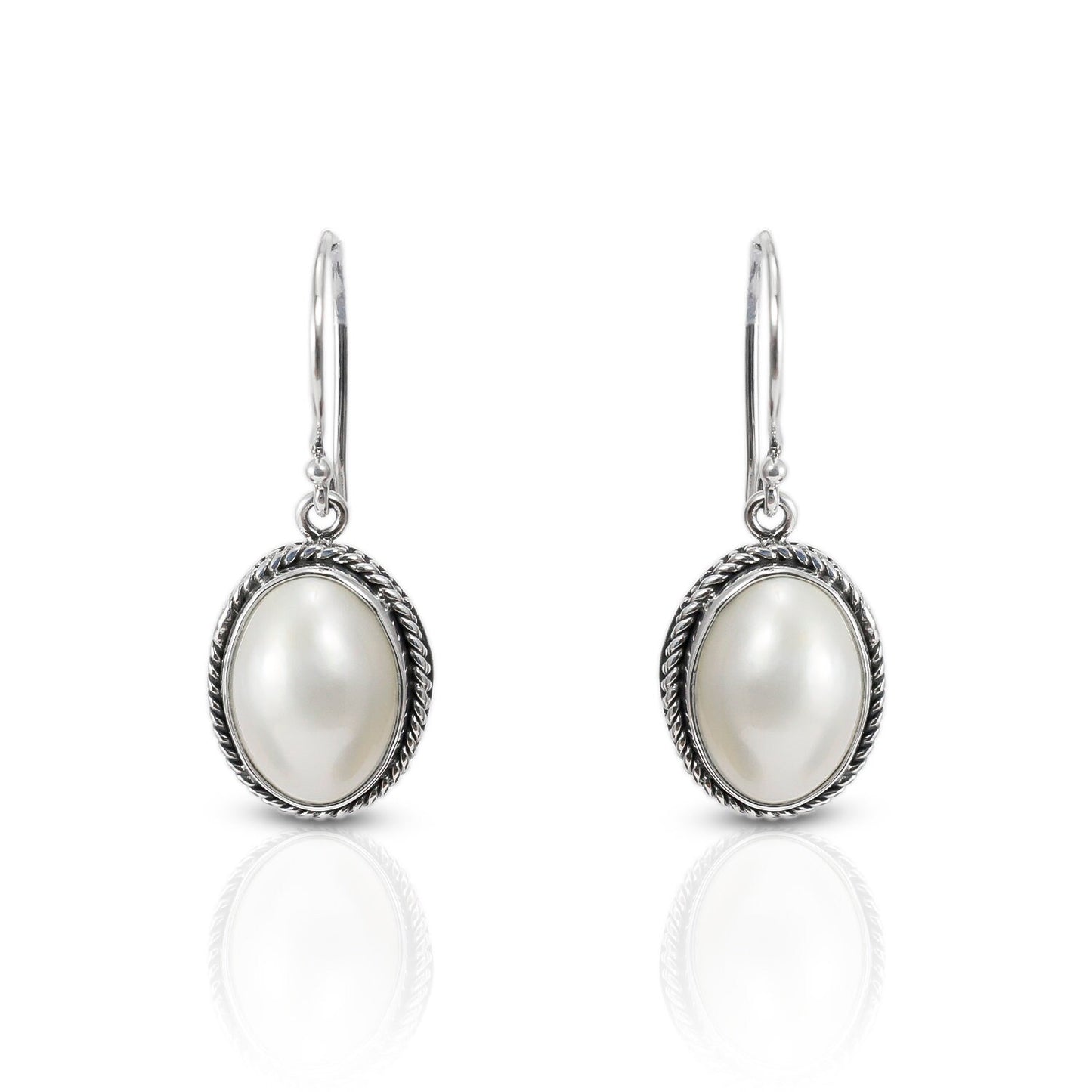 oval mabe pearl earrings 925 sterling silver decorated with woven chain edge