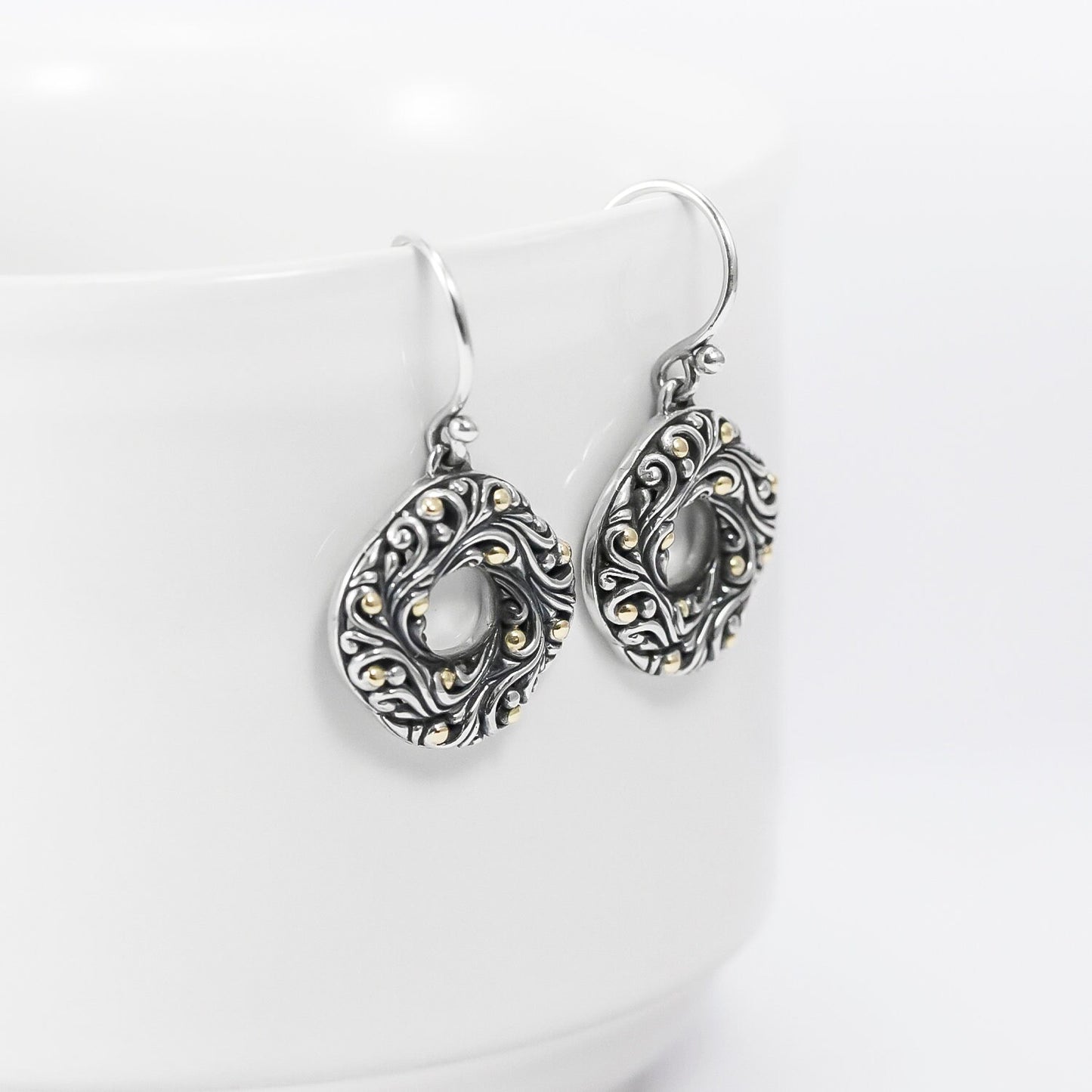 ornament earrings 925 sterling silver decorated with 18K gold and antique finish