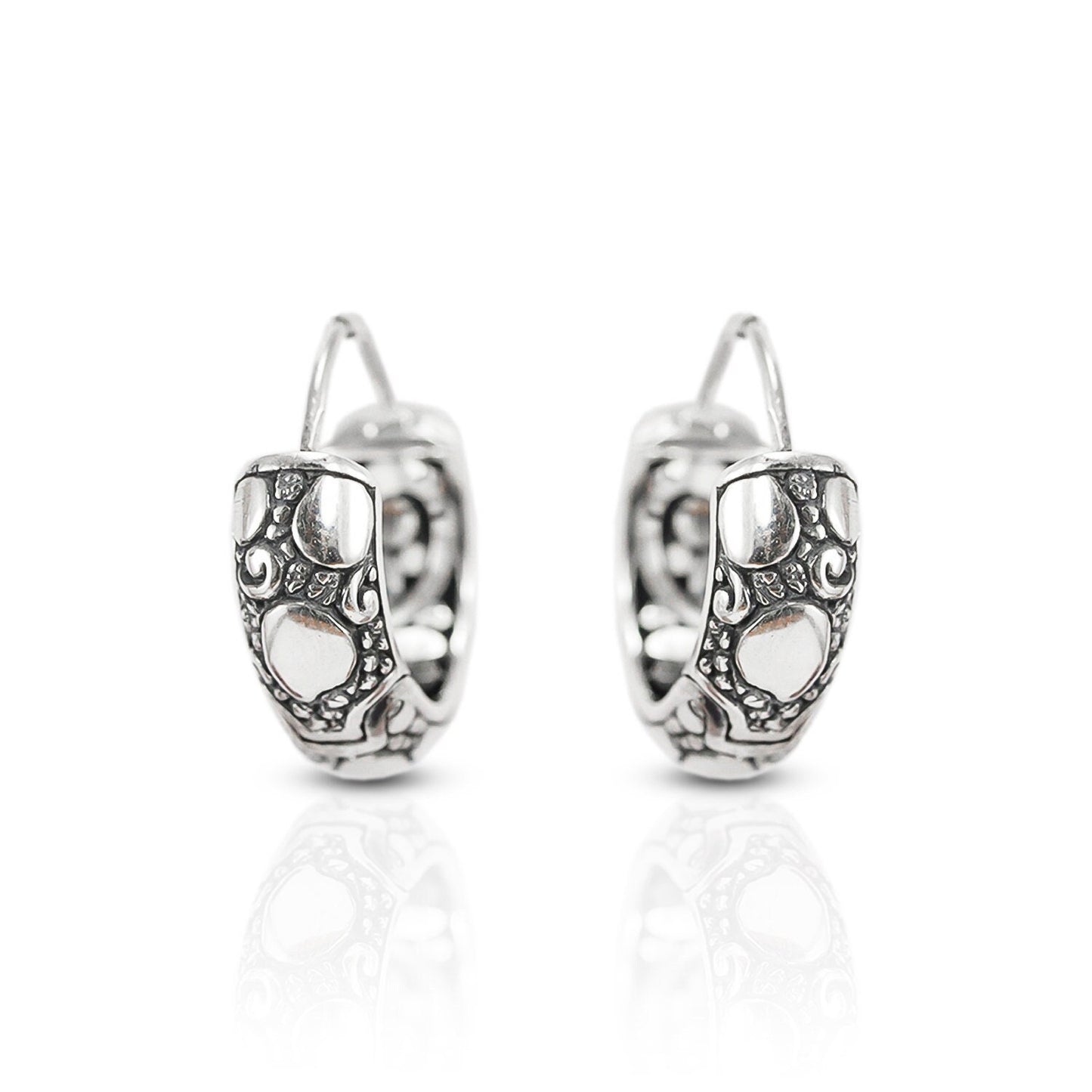 Earrings Hoop 925 sterling silver decorated with rock ornament art and push back closure for women