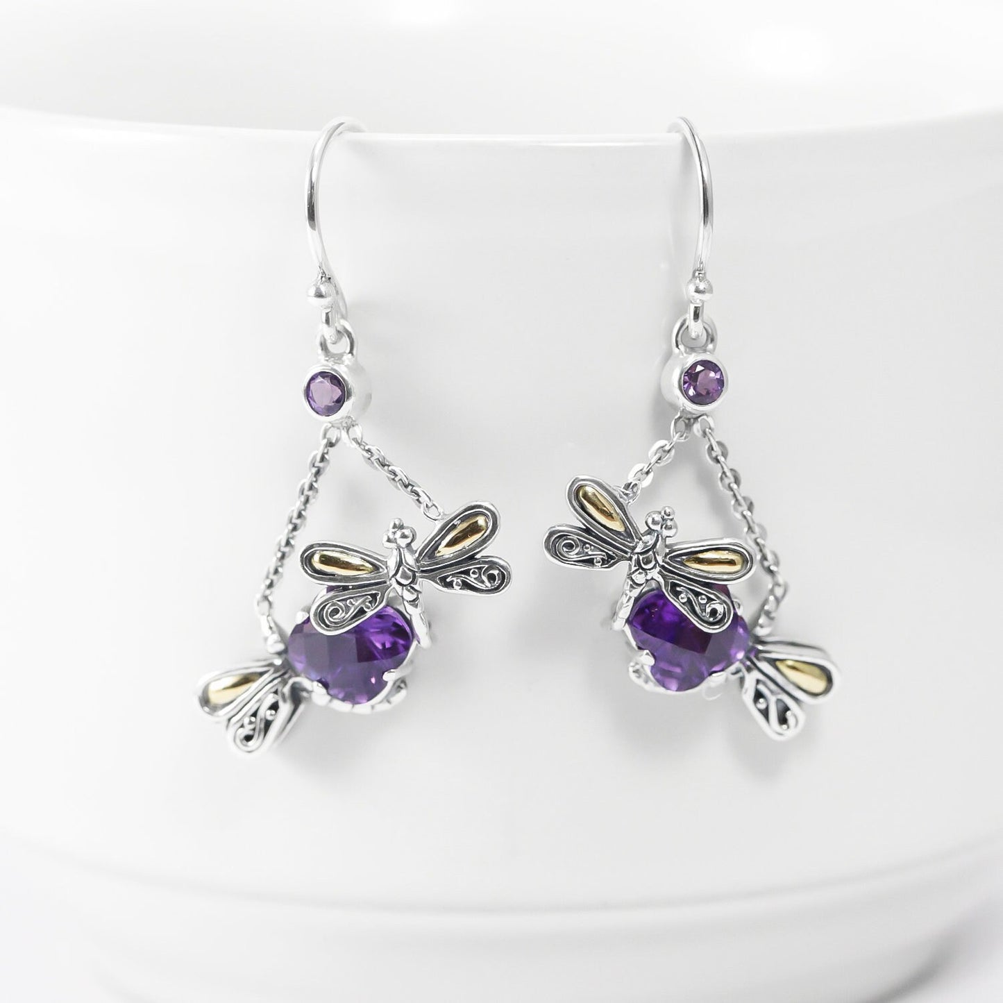 dragonfly earrings 925 sterling silver with 18K gold, genuine amethyst