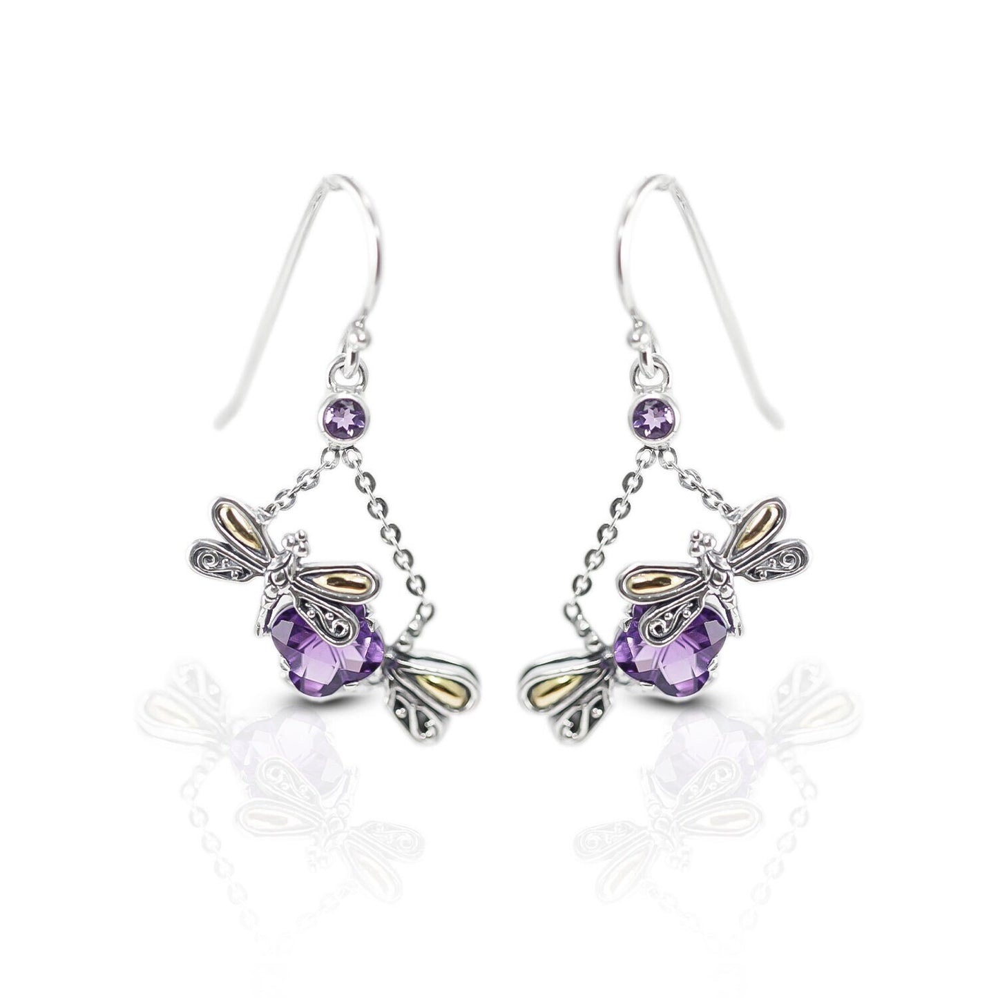 dragonfly earrings 925 sterling silver with 18K gold, genuine amethyst