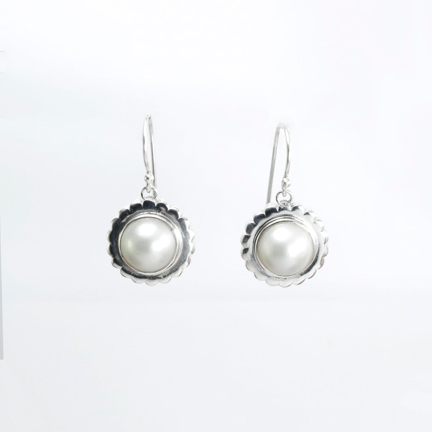 white mabe pearl dangle drop earrings set in handmade flower carving art 925 sterling silver