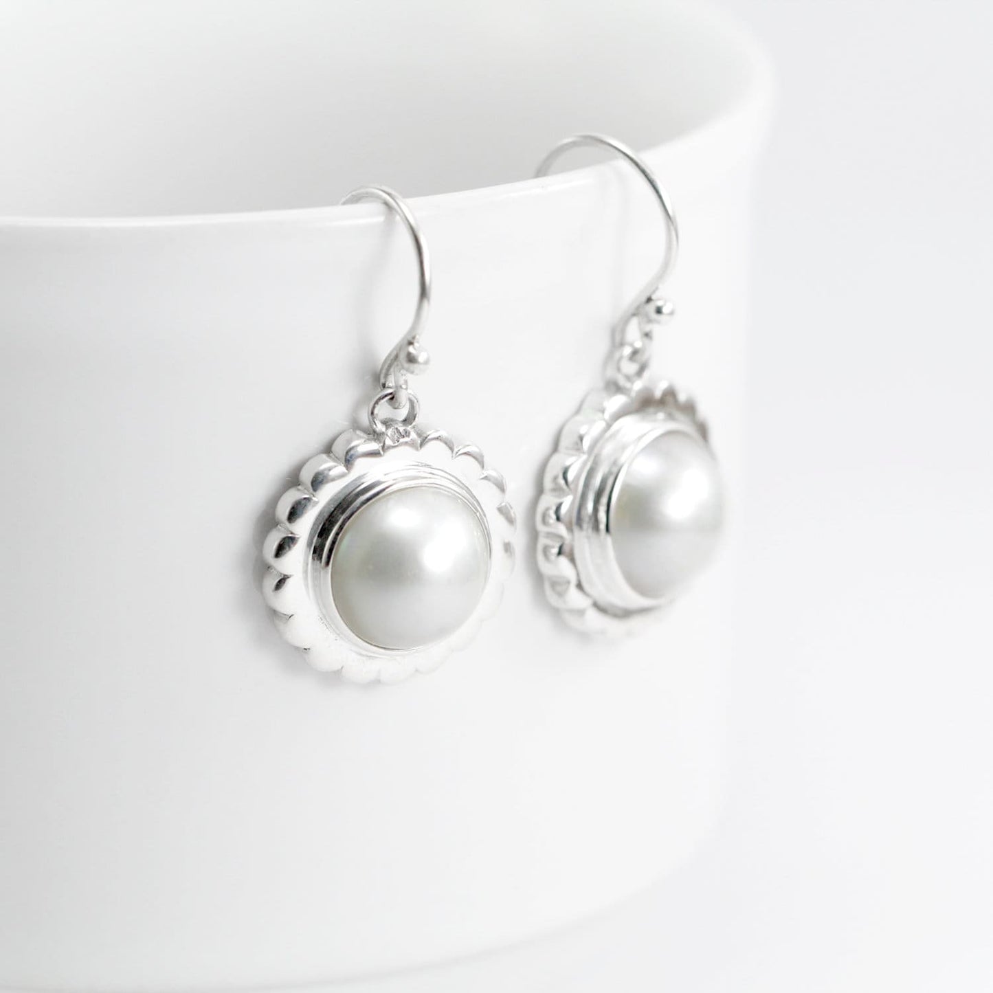 white mabe pearl dangle drop earrings set in handmade flower carving art 925 sterling silver