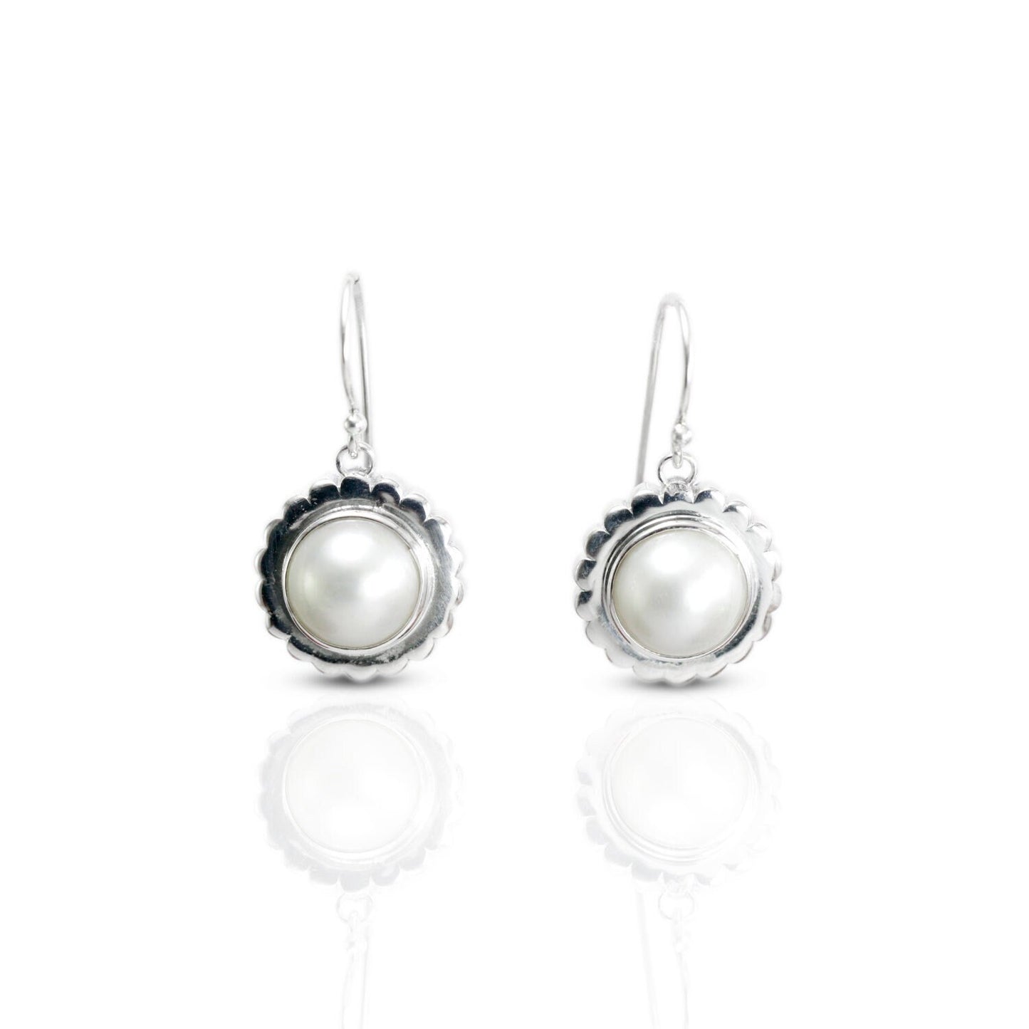 white mabe pearl dangle drop earrings set in handmade flower carving art 925 sterling silver