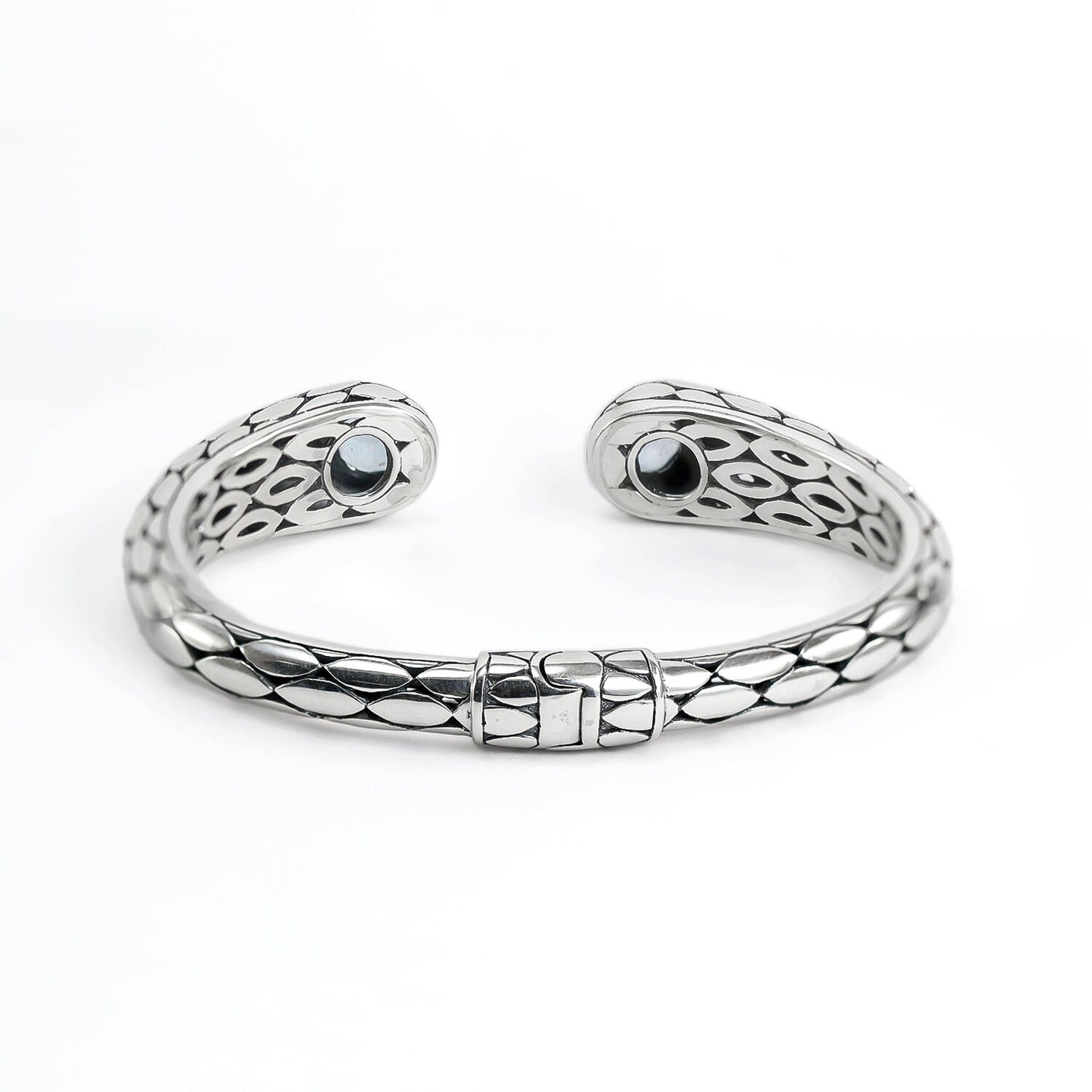 hinged bangle 925 sterling silver with genuine blue topaz decorated with 18K gold accent and snake skin pattern