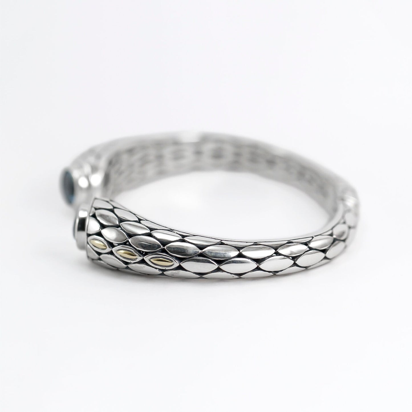 hinged bangle 925 sterling silver with genuine blue topaz decorated with 18K gold accent and snake skin pattern