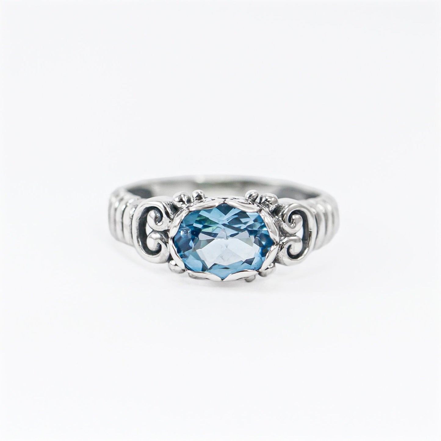blue topaz ring 925 sterling silver decorated with cable style and open work filigree