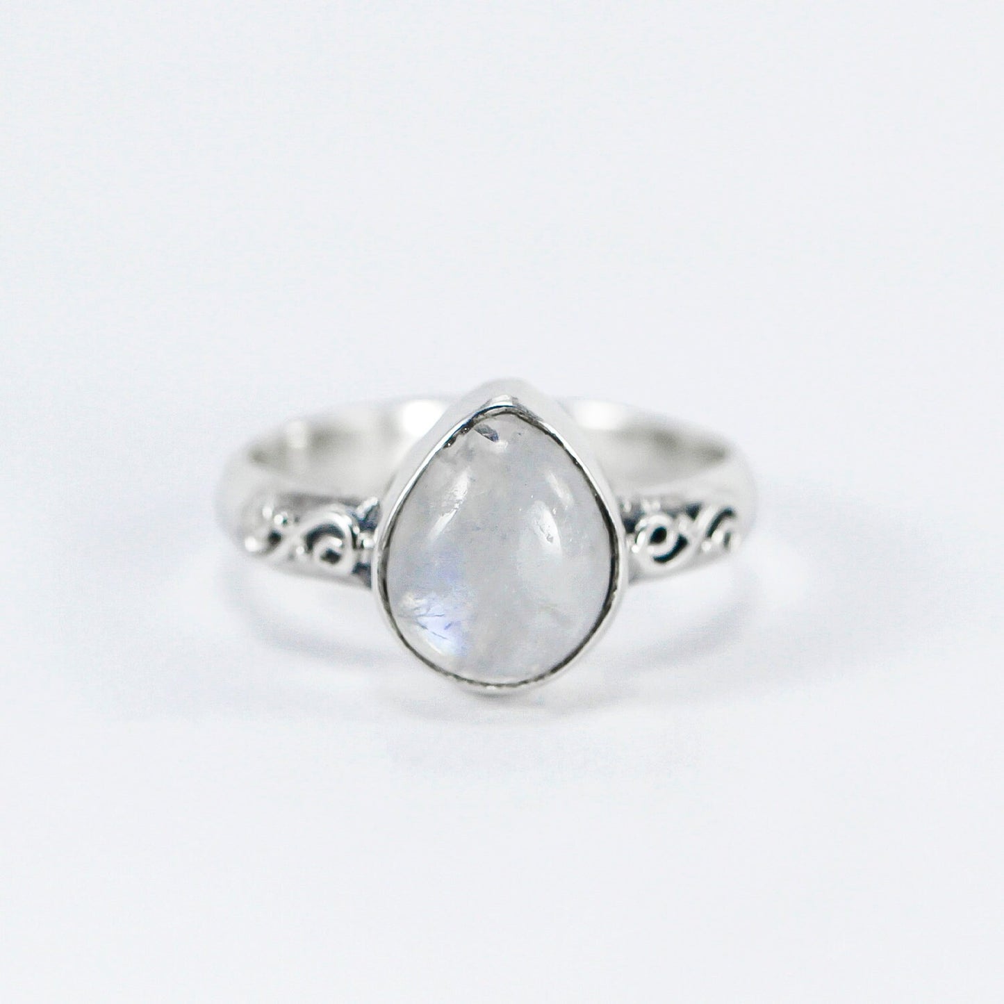 Moonstone ring 925 sterling silver with swirl filigree ornament