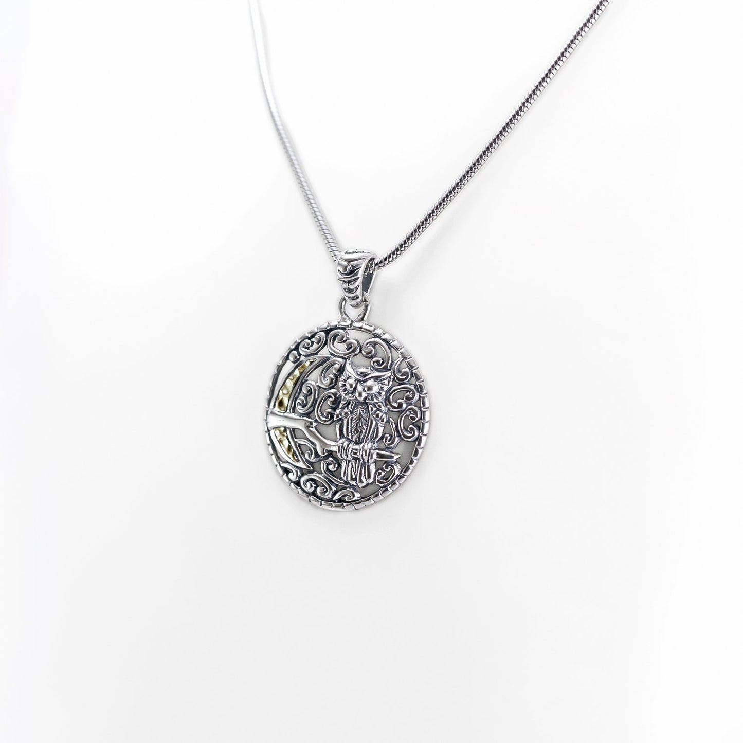 owl pendant 925 sterling silver decorated with nature panorama and half moon engraved 18 k gold accent