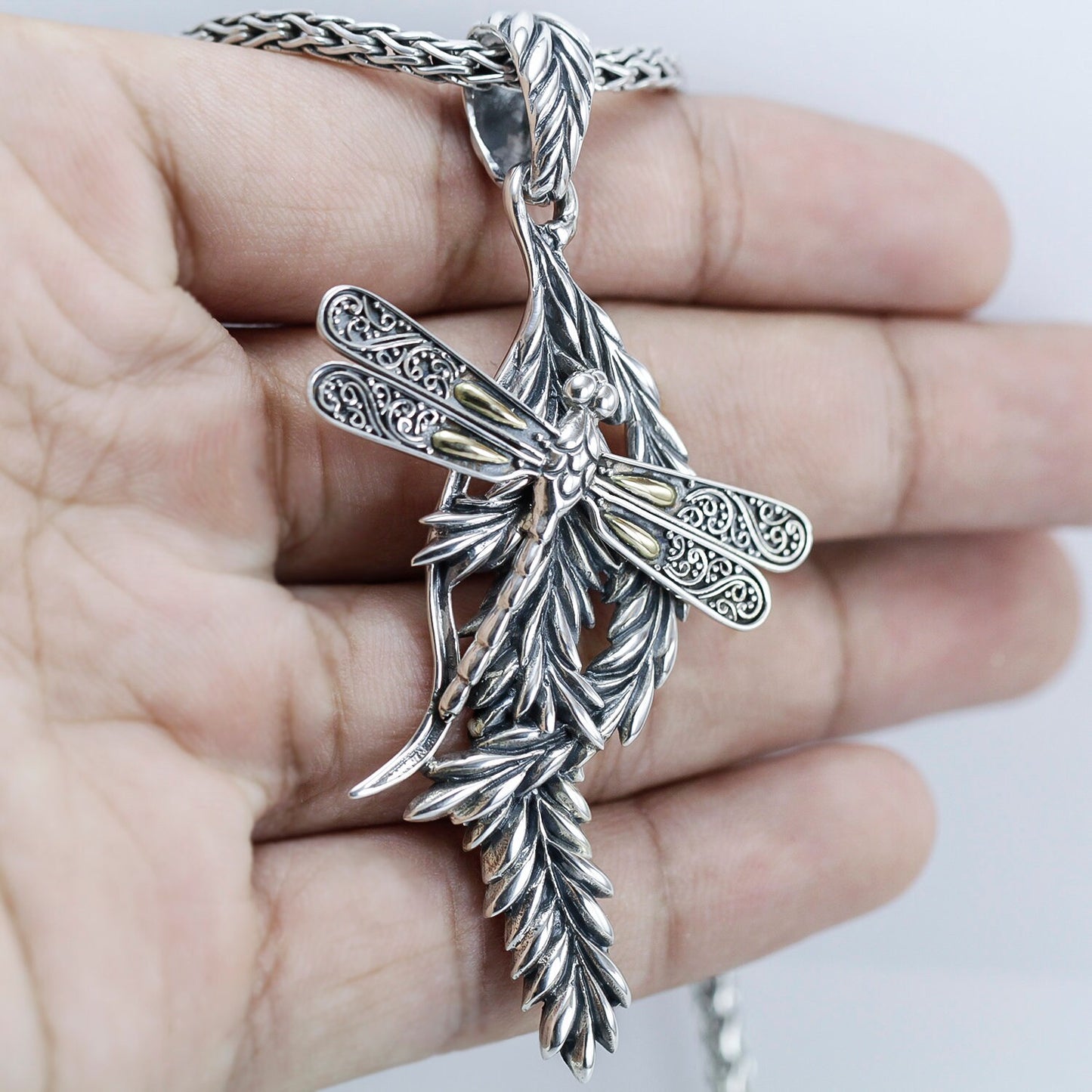 dragonfly pendant 925 sterling silver decorated with filigree and leaf pattern, nature art pendant
