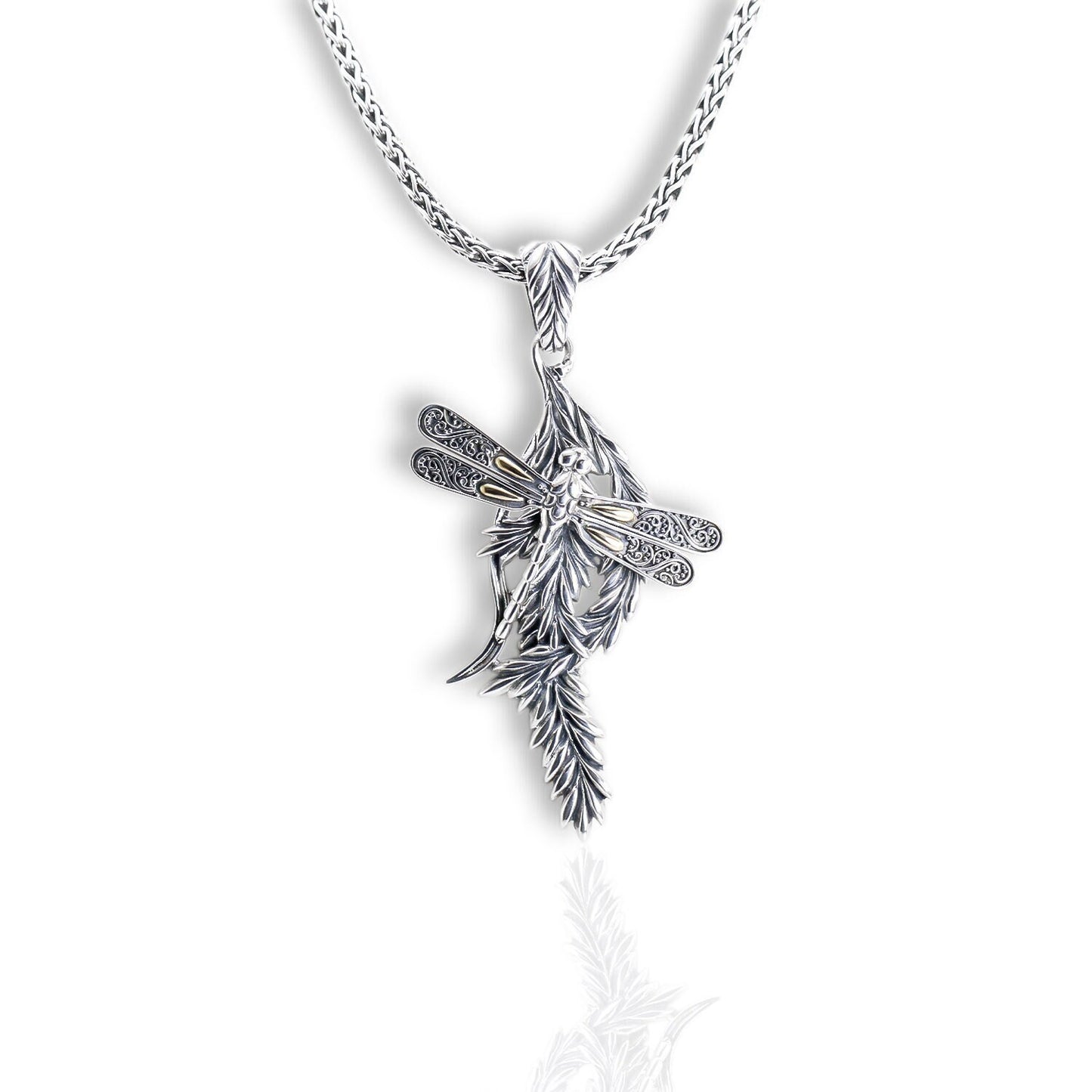 dragonfly pendant 925 sterling silver decorated with filigree and leaf pattern, nature art pendant