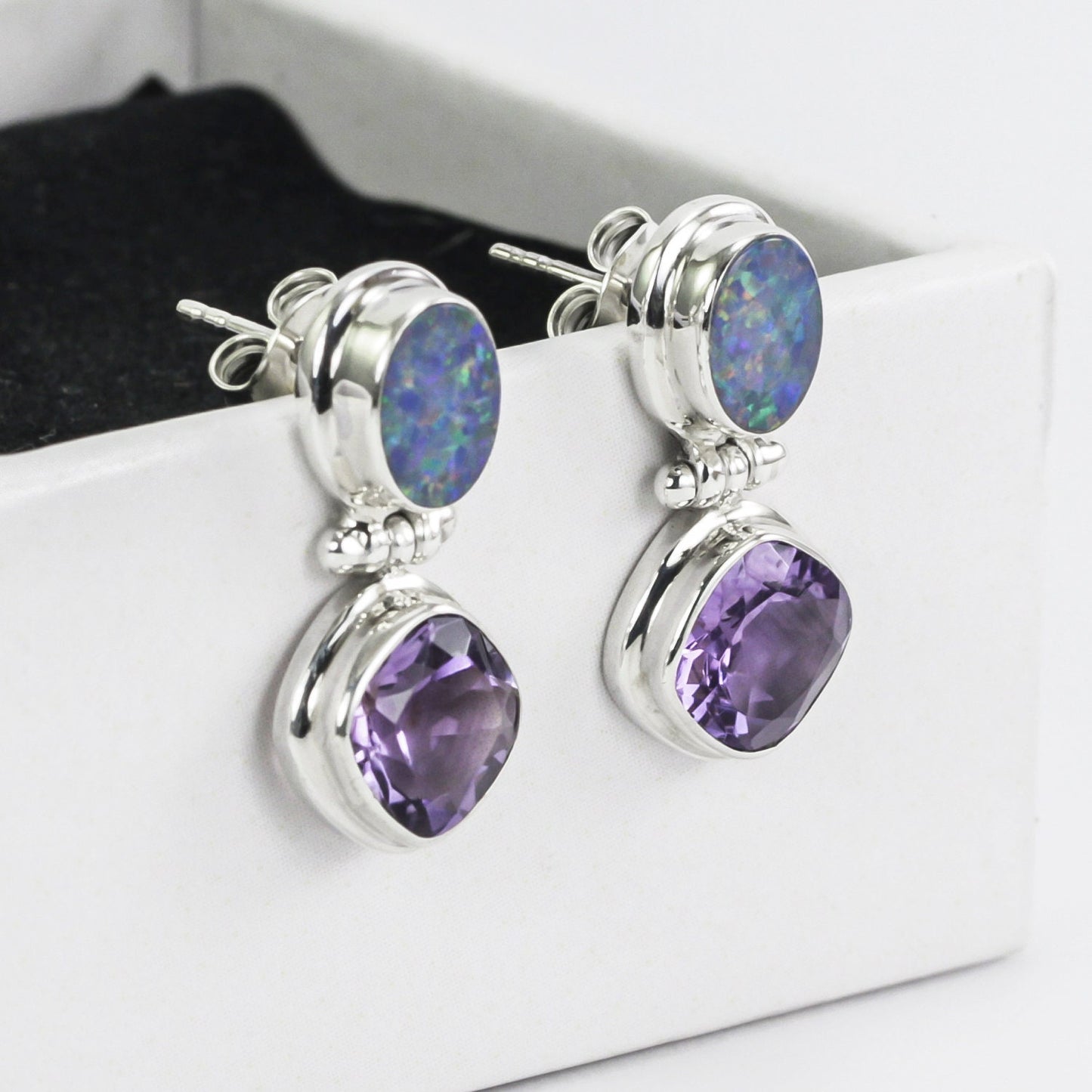Opal Earrings stud 925 sterling silver with Natural Brazilian Amethyst