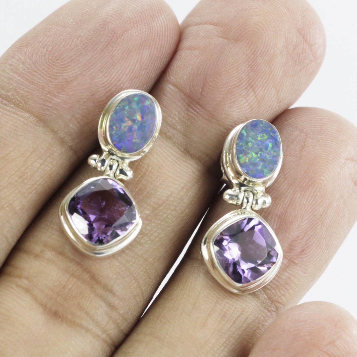 Opal Earrings stud 925 sterling silver with Natural Brazilian Amethyst