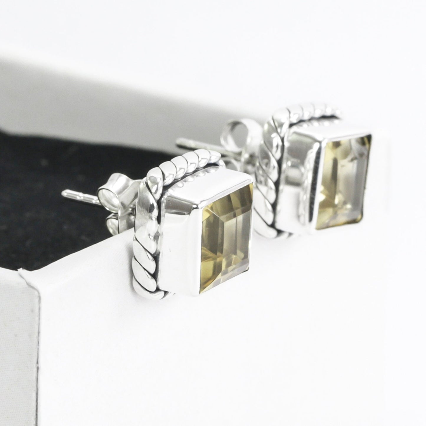 Citrine earrings studs sterling silver 9 mm Square decorated with cable edge bezel set