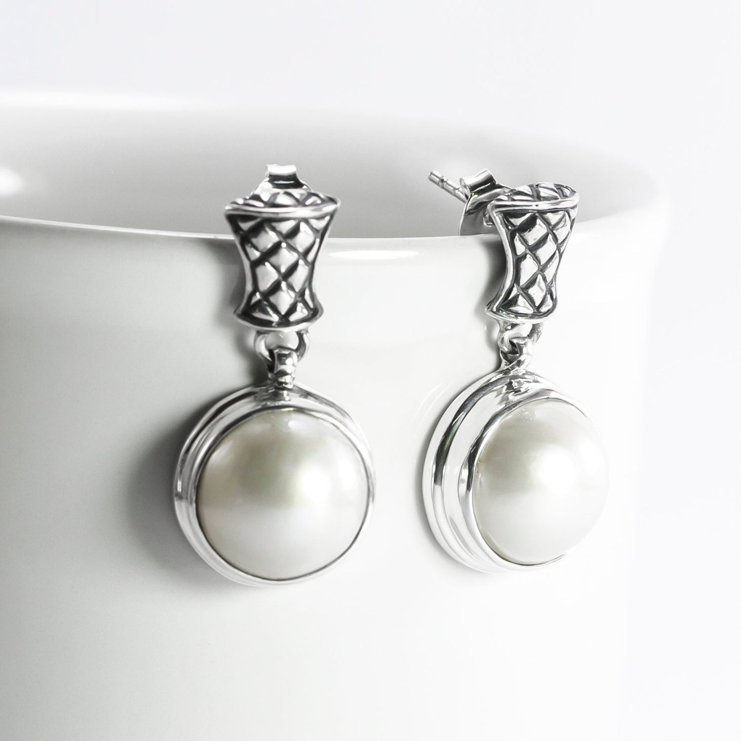 white mabe pearl earrings set in 925 Sterling silver dangle drop