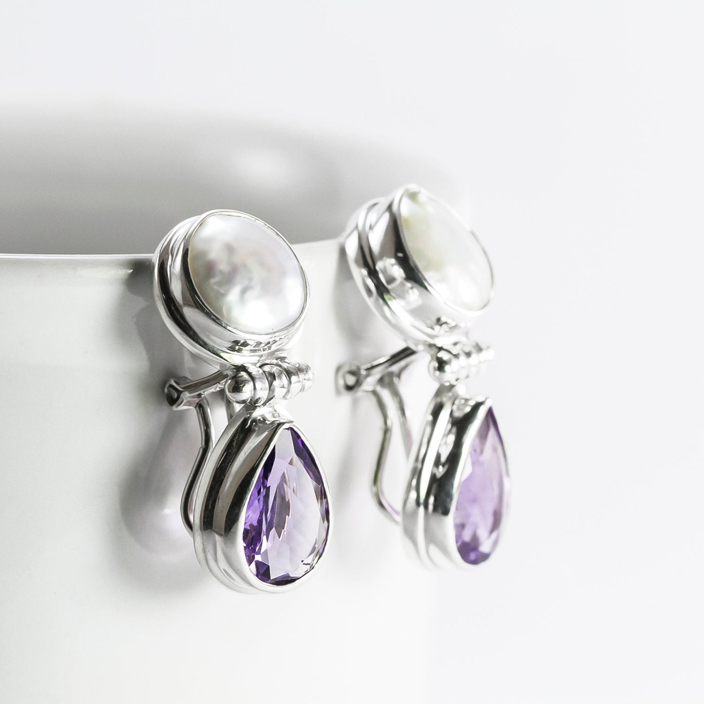 amethyst earrings stud 925 sterling silver with genuine baroque pearl omega closure