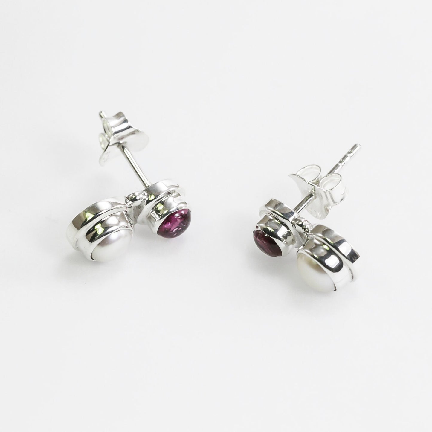 freshwater pearl earrings stud set in 925 sterling silver with genuine pink tourmaline