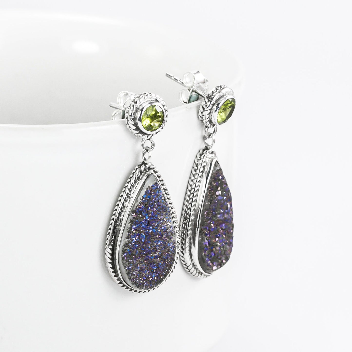 Druzy stud earrings set in 925 sterling silver with genuine peridot, peridot studs earrings dangle