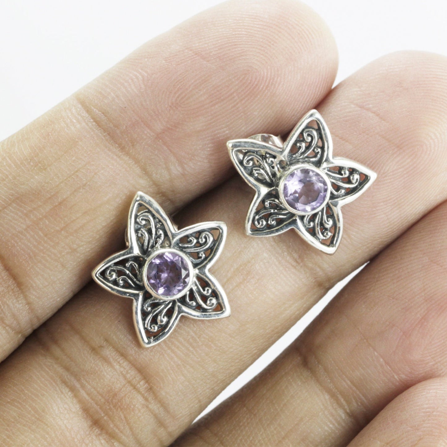 silver flower earrings studs with genuine round 6 mm Amethyst decorated with 925 sterling silver handmade filigree