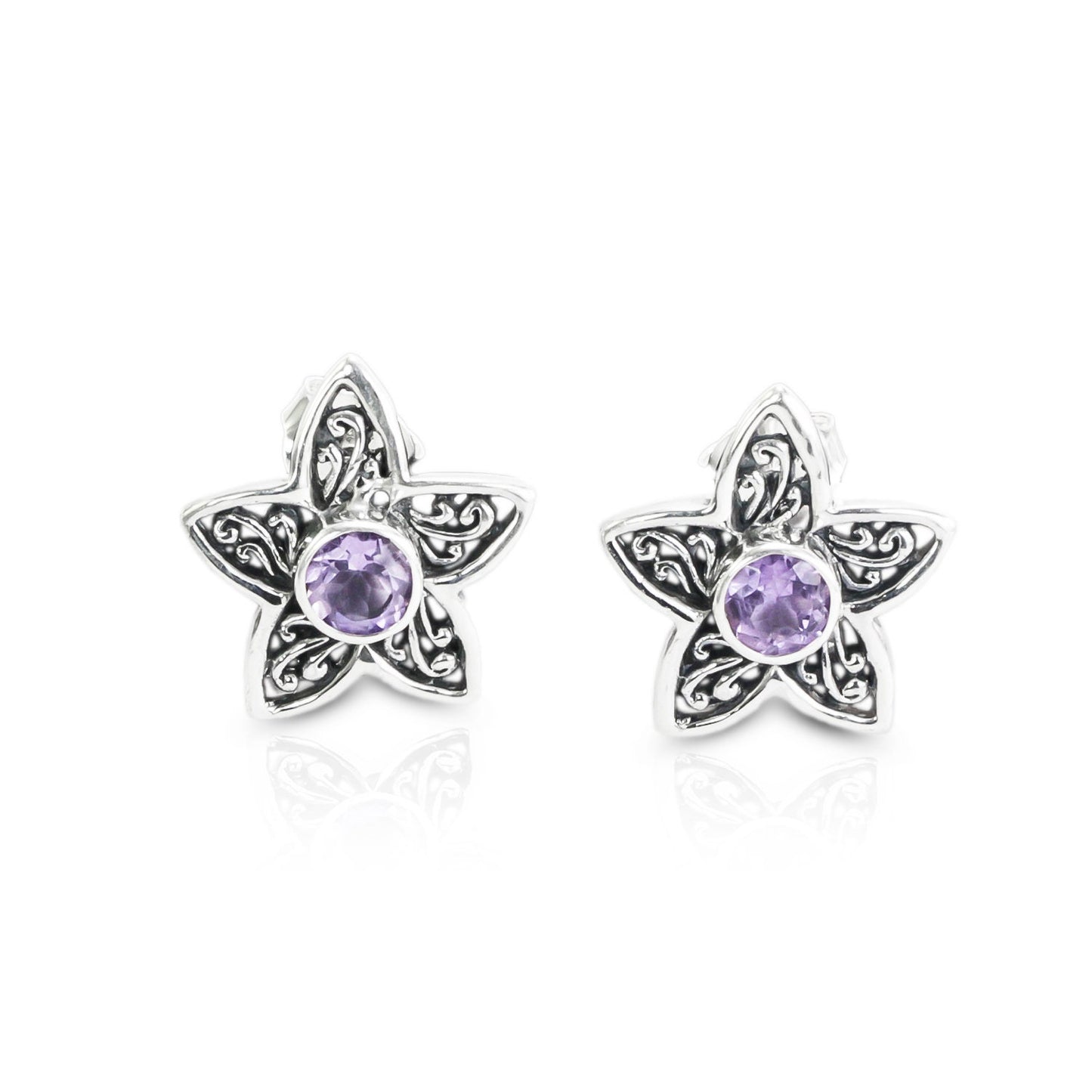 silver flower earrings studs with genuine round 6 mm Amethyst decorated with 925 sterling silver handmade filigree