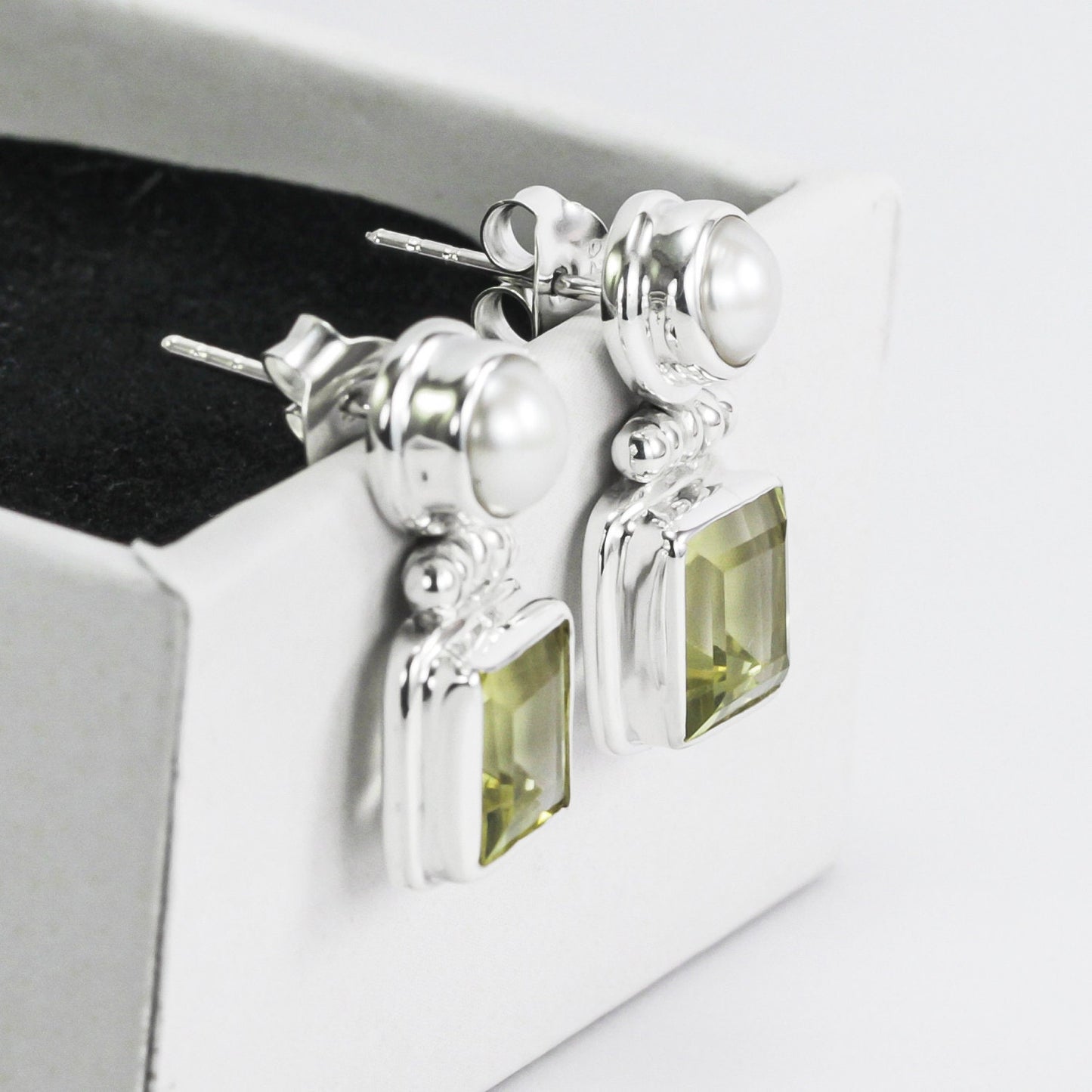Lemon Quartz Earrings Stud with genuine freshwater pearl set in 925 sterling silver double bezel push back closure