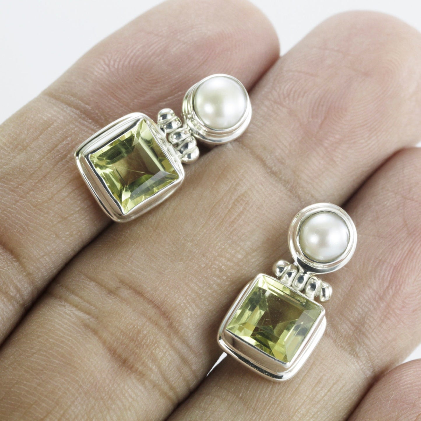 Lemon Quartz Earrings Stud with genuine freshwater pearl set in 925 sterling silver double bezel push back closure