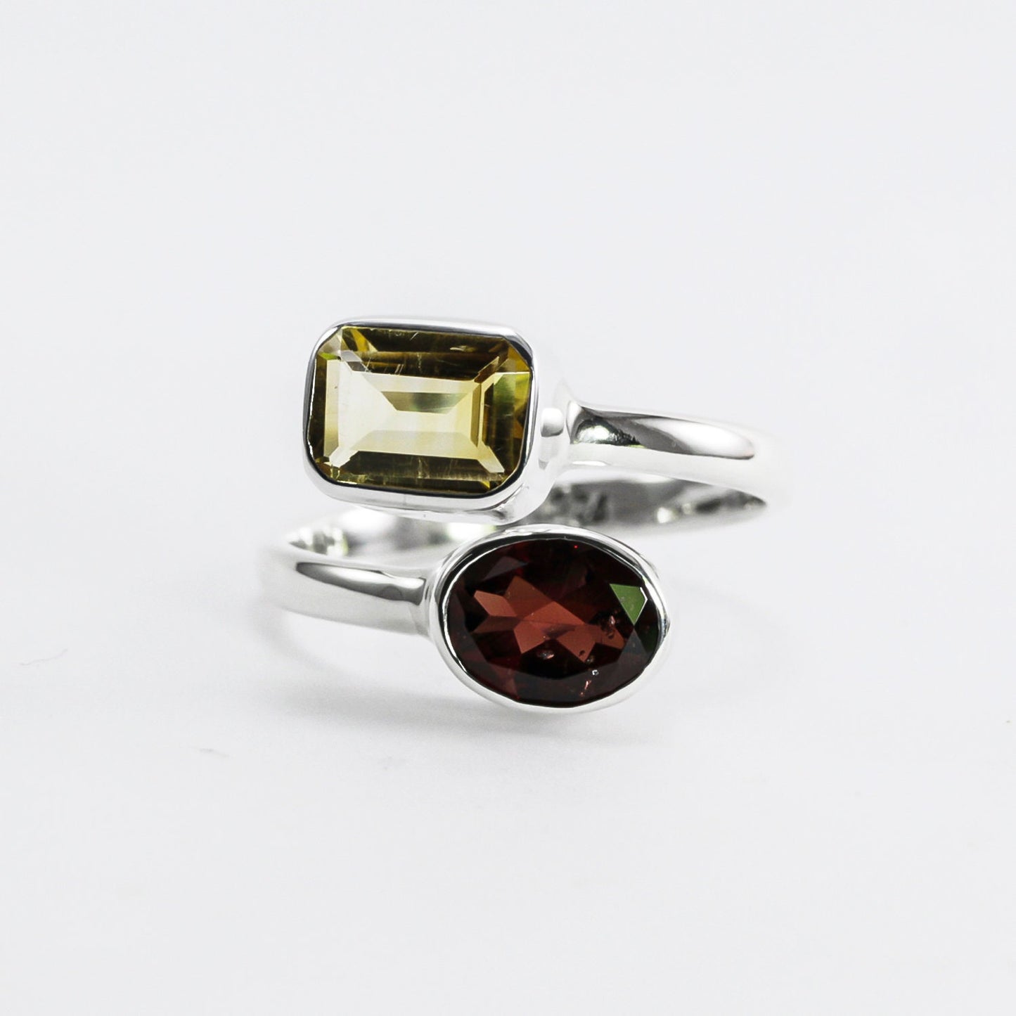 bypass ring with genuine stone set in 925 sterling silver, adjustable promise ring