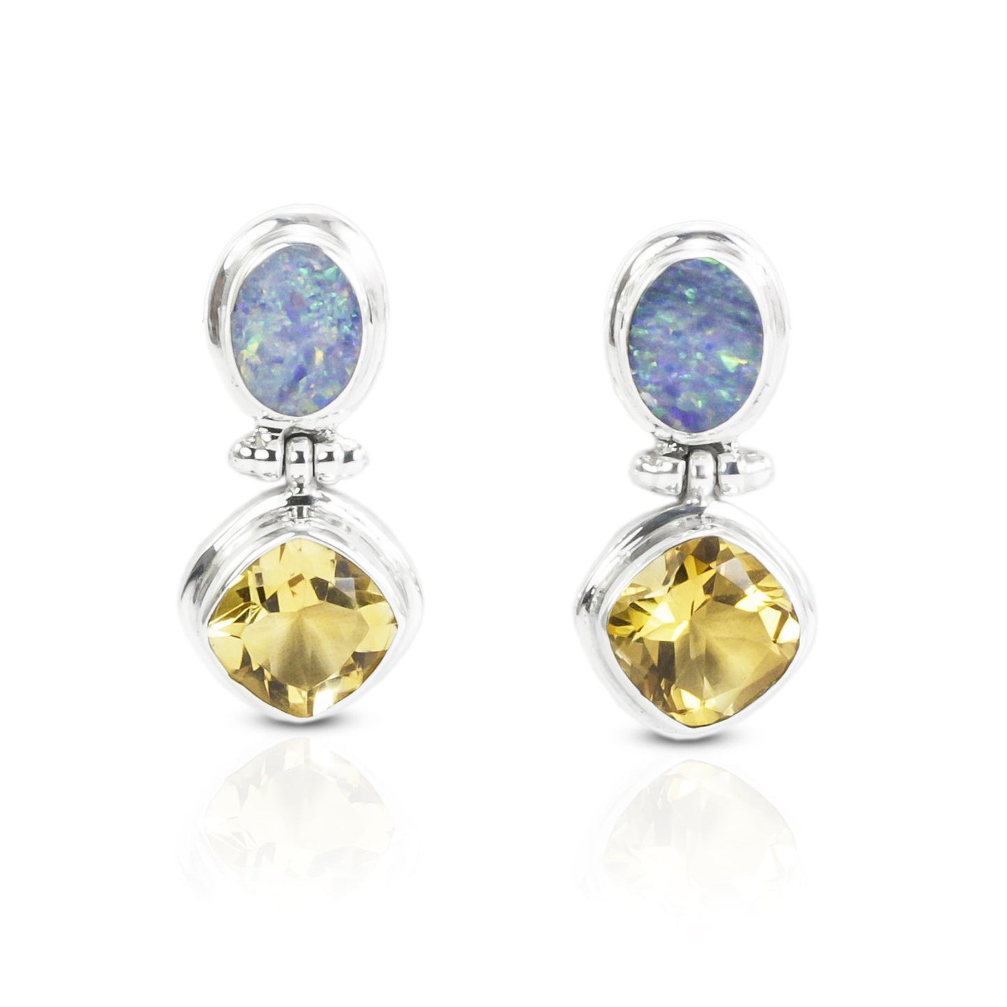 Australian Opal Earrings Studs 925 sterling silver Dangle with Premium yellow Citrine double bezel set and push back closure