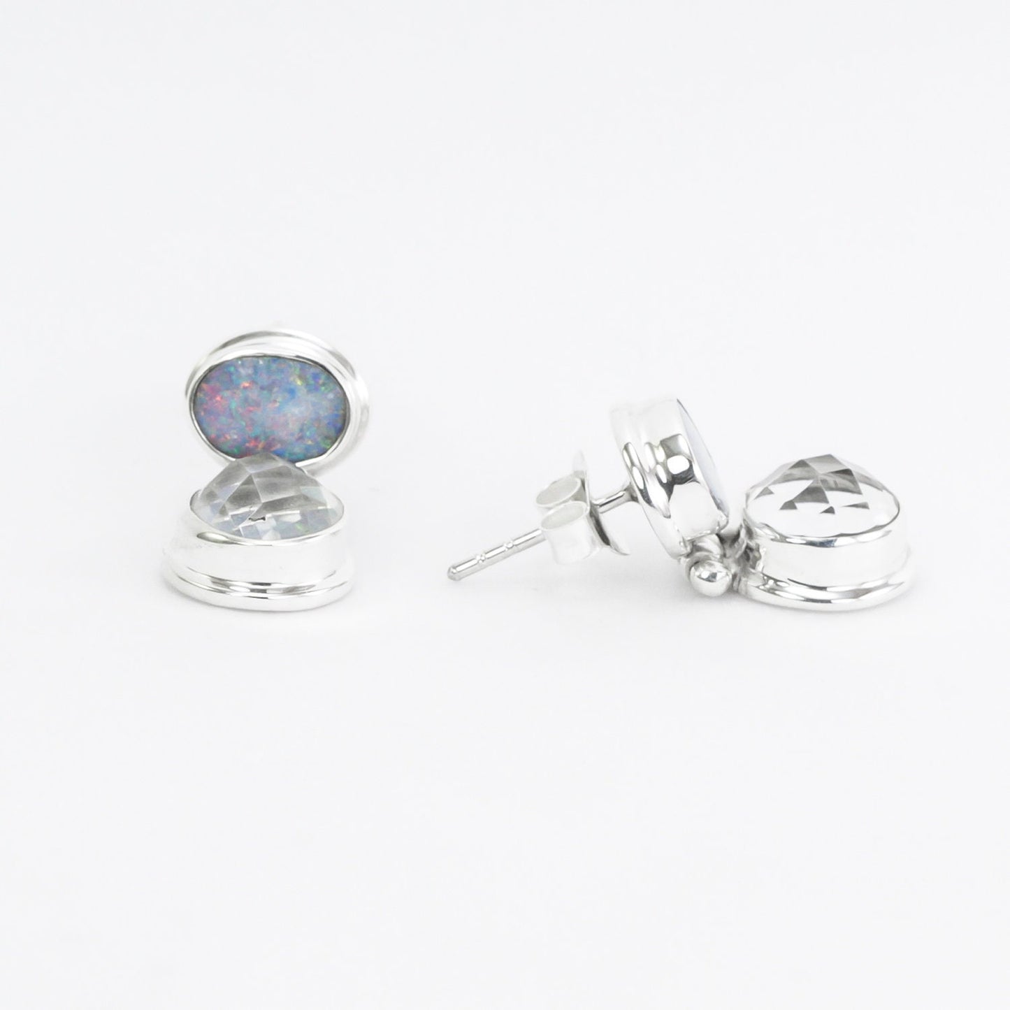 Opal Stud Earrings 925 sterling silver with Natural Crystal Clear double bezel set dangle drop