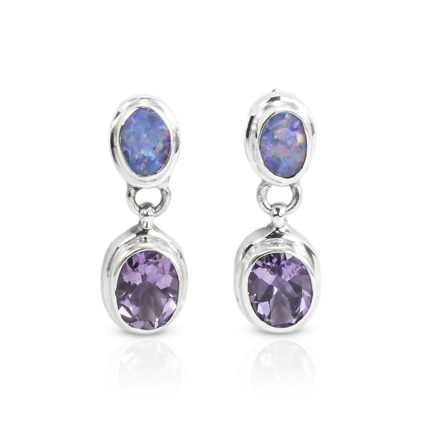 Australian Opal stud earrings with genuine Brazilian Amethyst double bezel set in 925 sterling silver