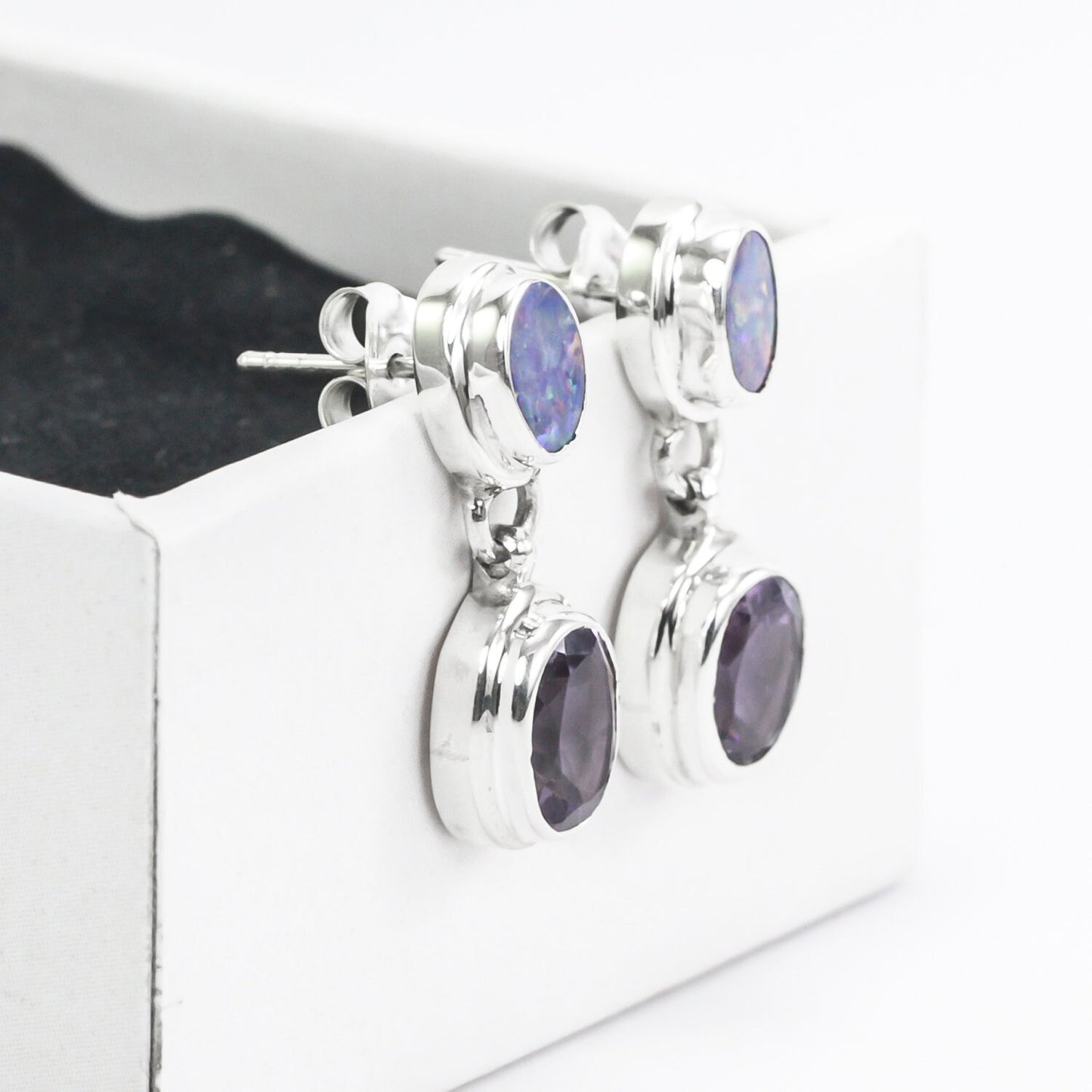 Australian Opal stud earrings with genuine Brazilian Amethyst double bezel set in 925 sterling silver