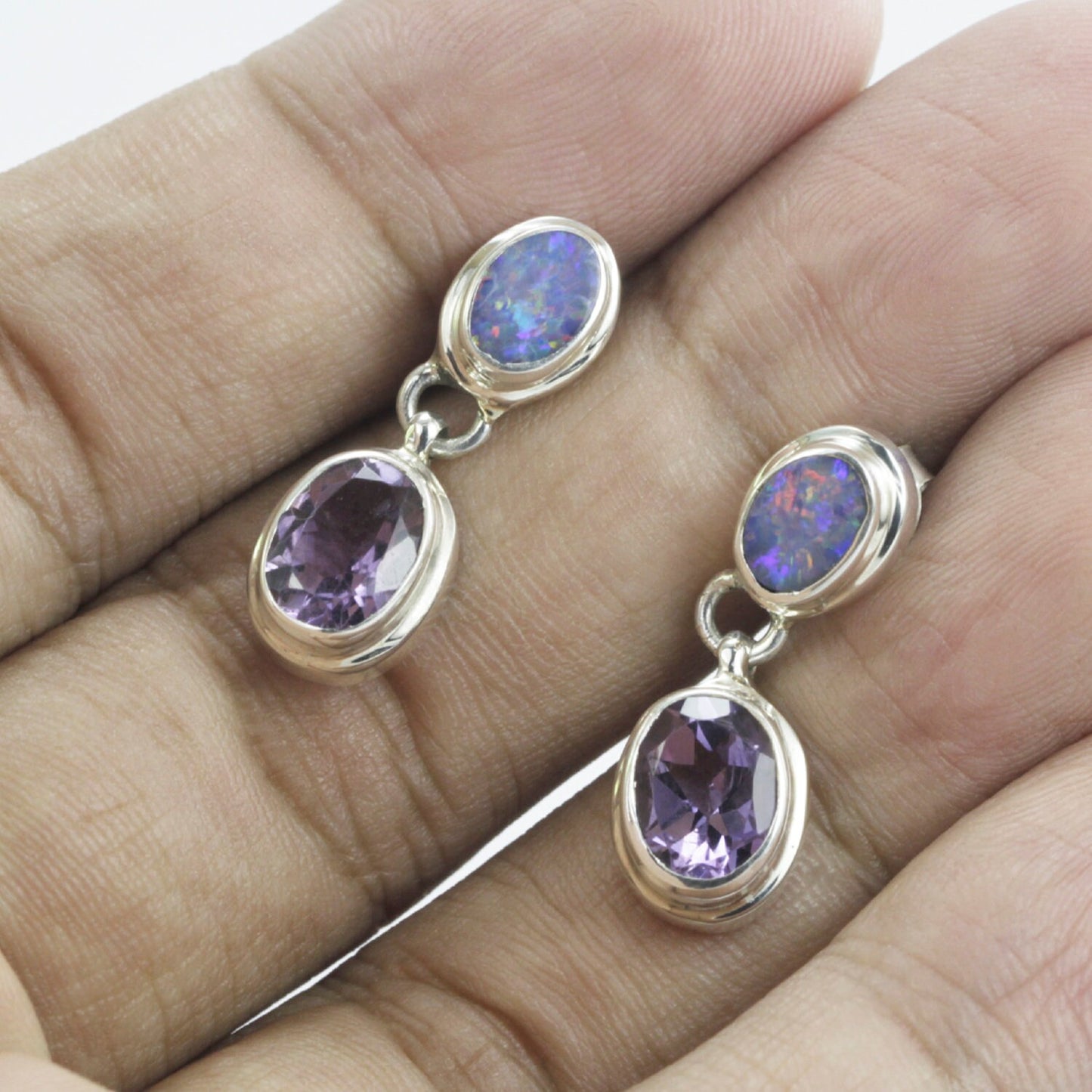 Australian Opal stud earrings with genuine Brazilian Amethyst double bezel set in 925 sterling silver