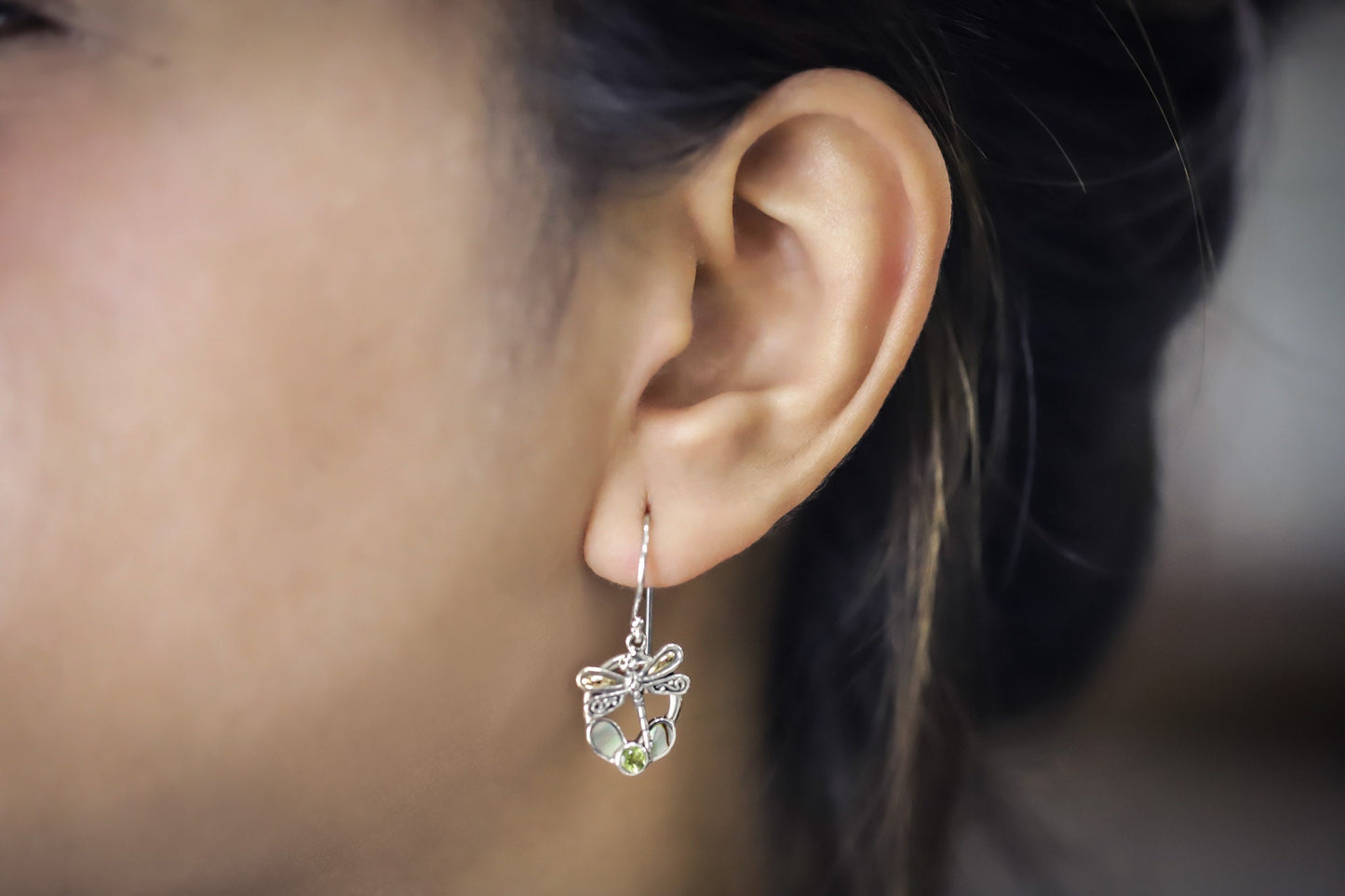 dragonfly earrings 925 sterling silver with 18K gold, genuine green peridot and natural abalone shell