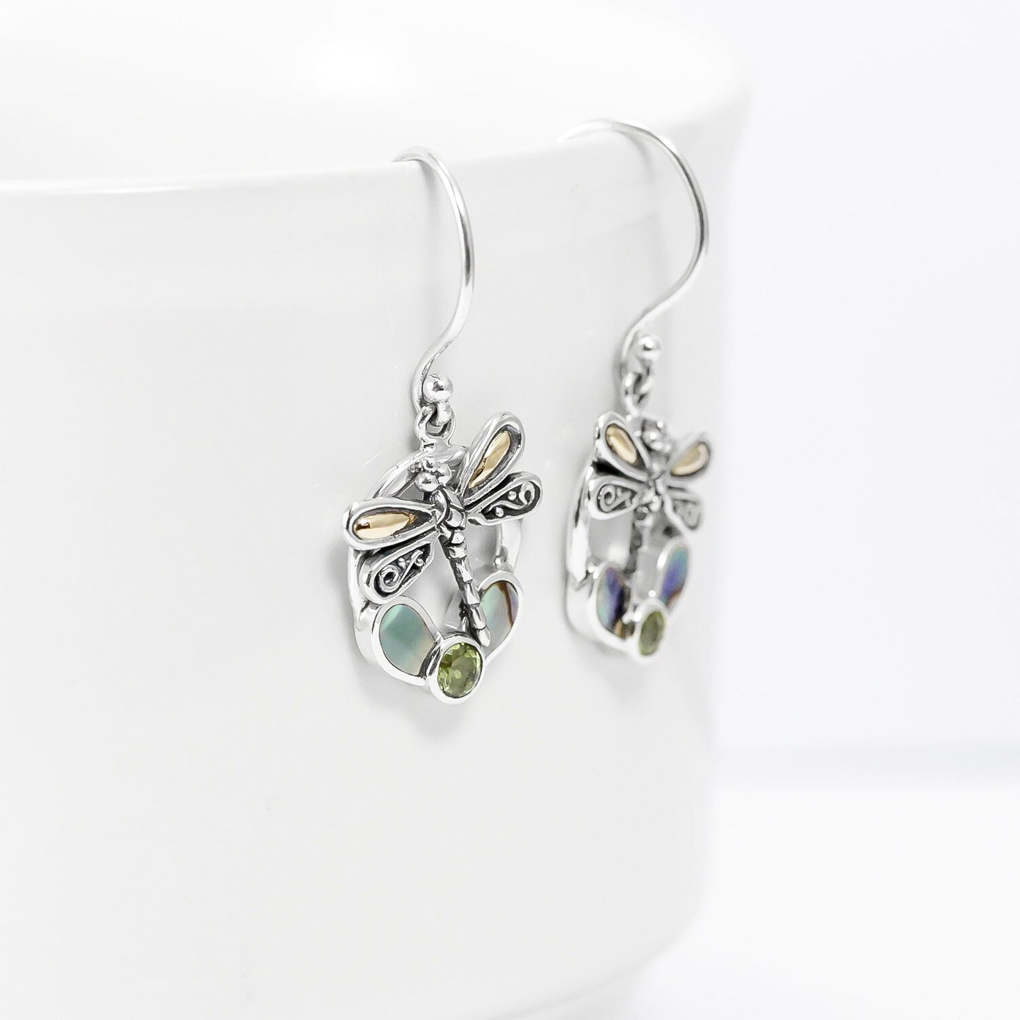 dragonfly earrings 925 sterling silver with 18K gold, genuine green peridot and natural abalone shell