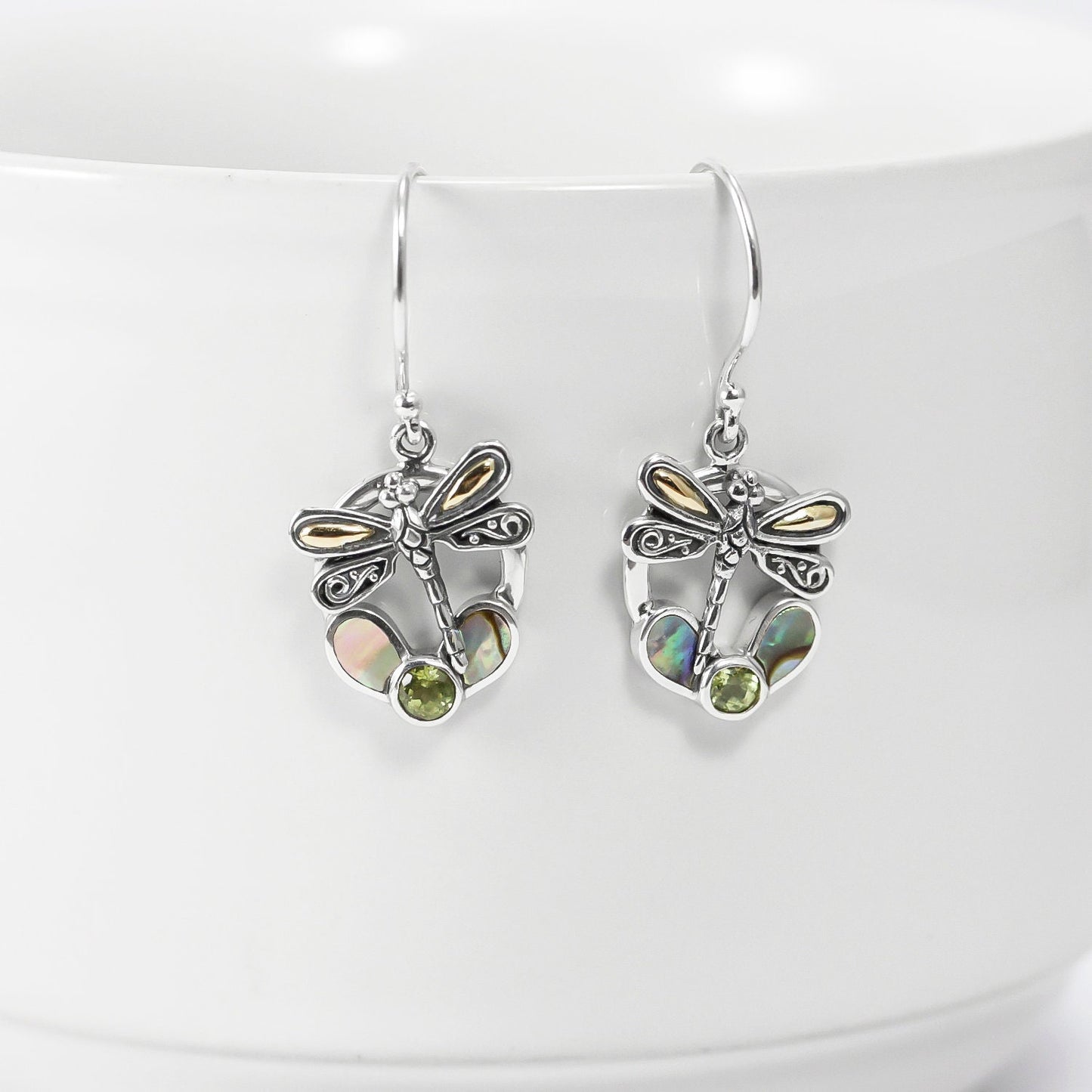 dragonfly earrings 925 sterling silver with 18K gold, genuine green peridot and natural abalone shell