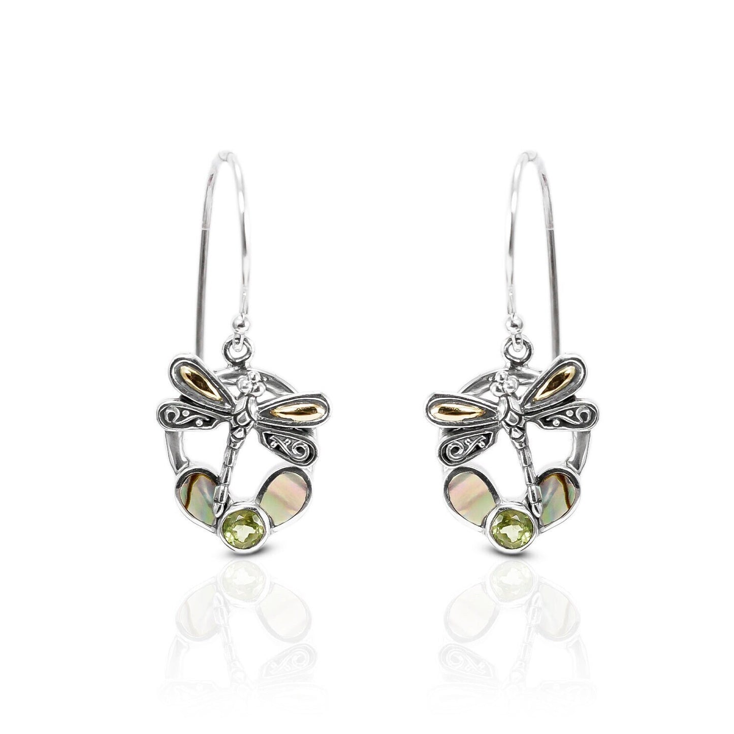 dragonfly earrings 925 sterling silver with 18K gold, genuine green peridot and natural abalone shell