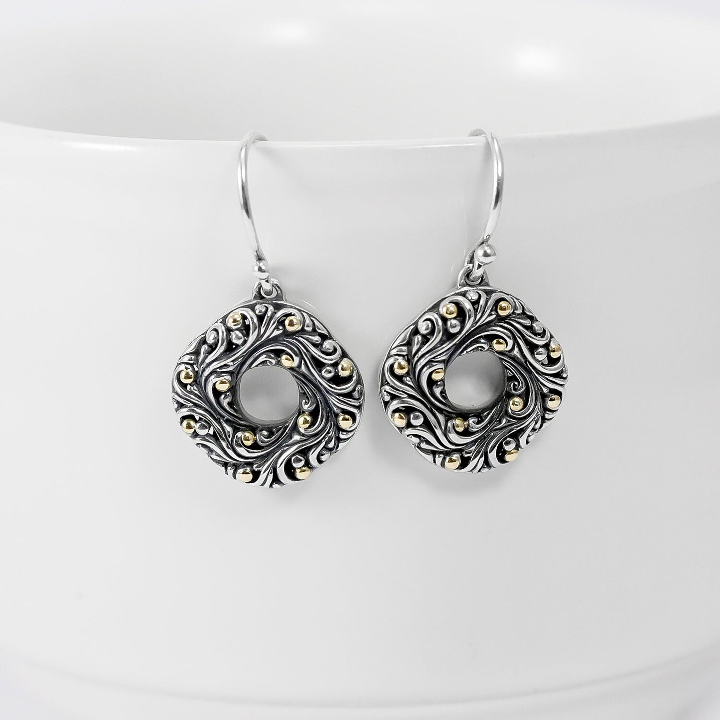 ornament earrings 925 sterling silver decorated with 18K gold and antique finish