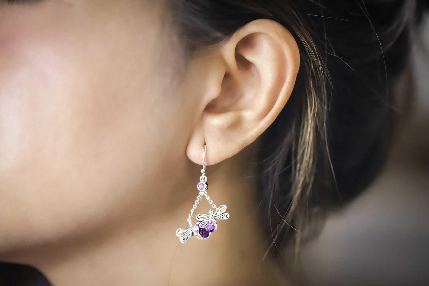 dragonfly earrings 925 sterling silver with 18K gold, genuine amethyst