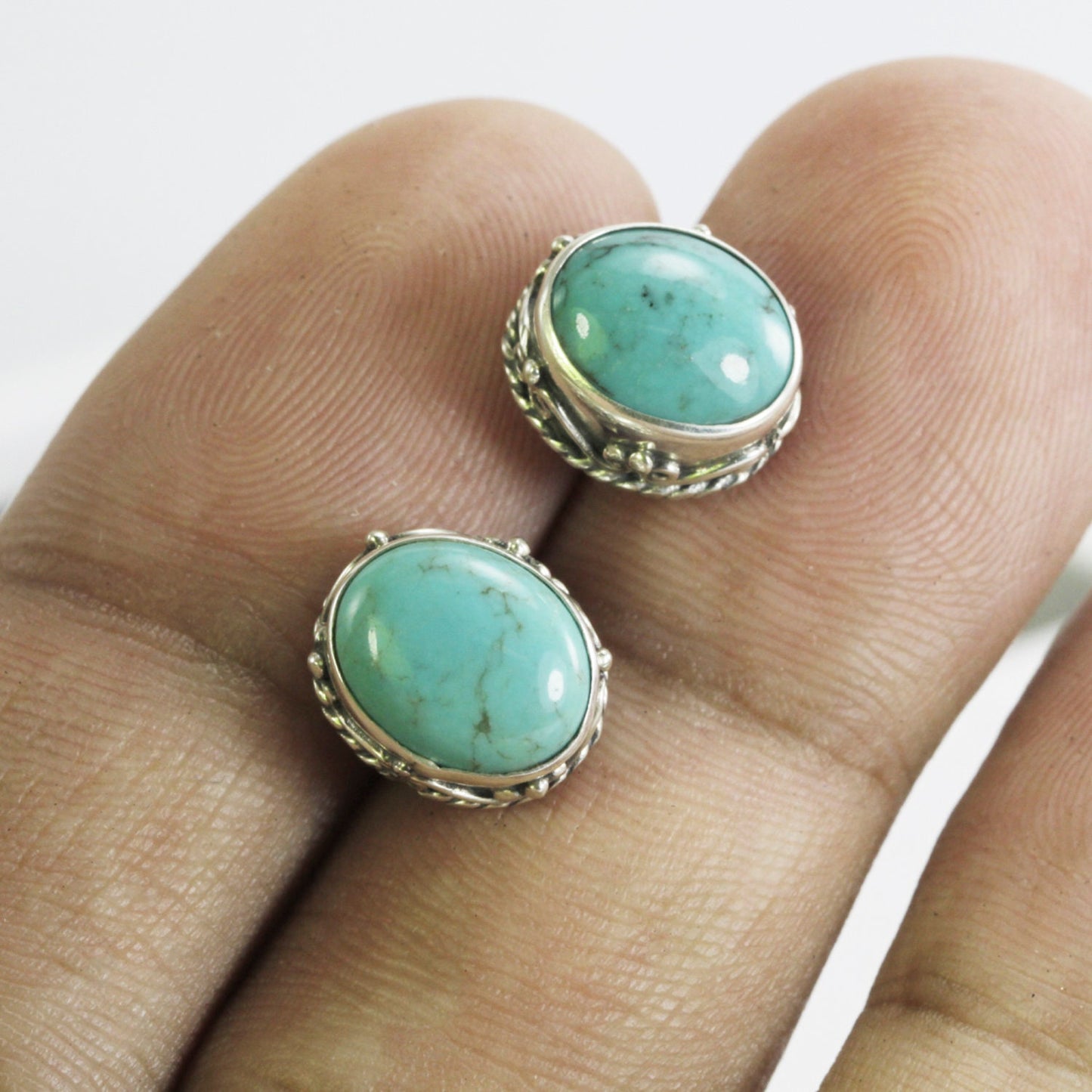 oval Turquoise earrings stud 925 sterling silver oval shape 9*11 mm decorated with filigree ornament art