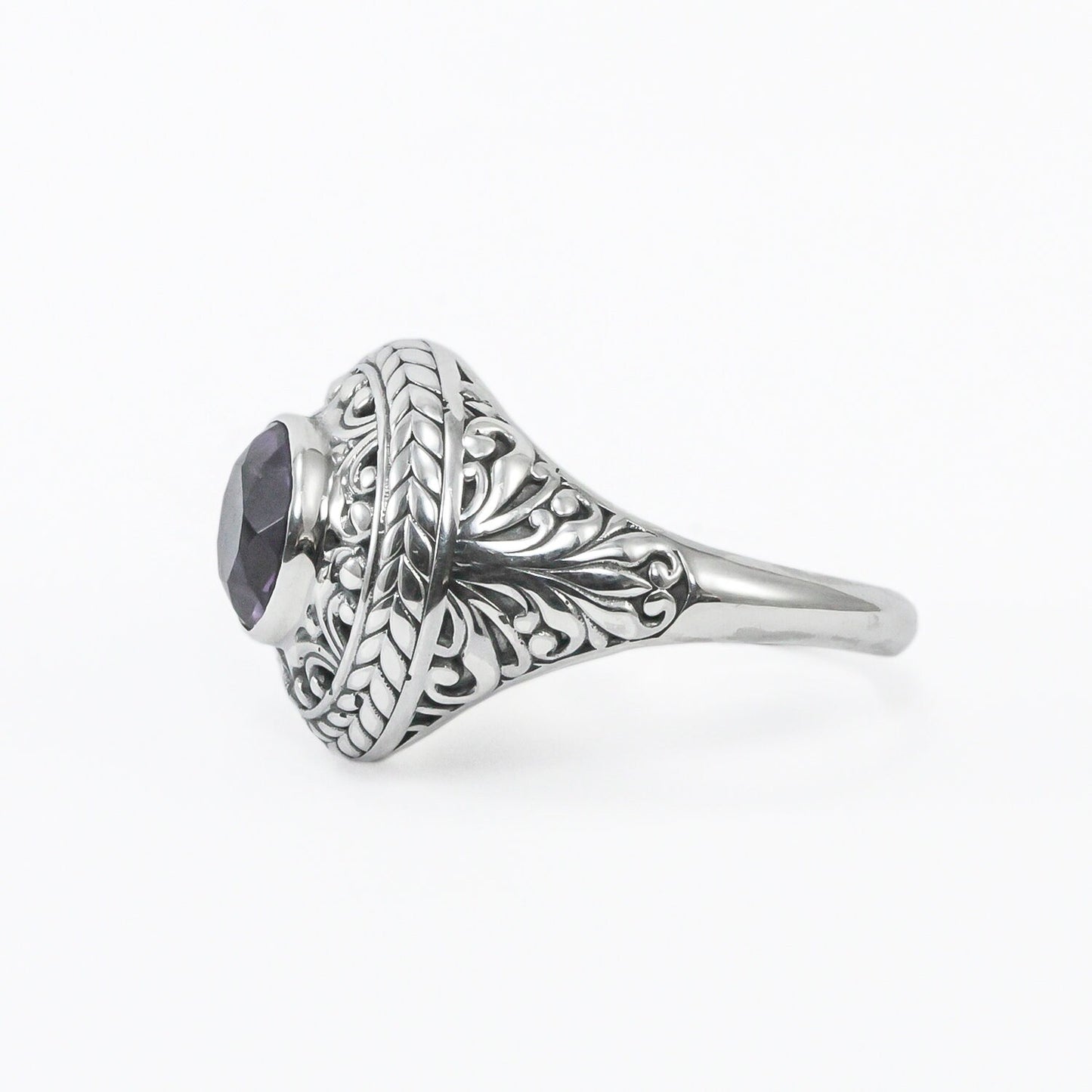 Genuine amethyst ring 925 sterling silver decorated with filigree ornament