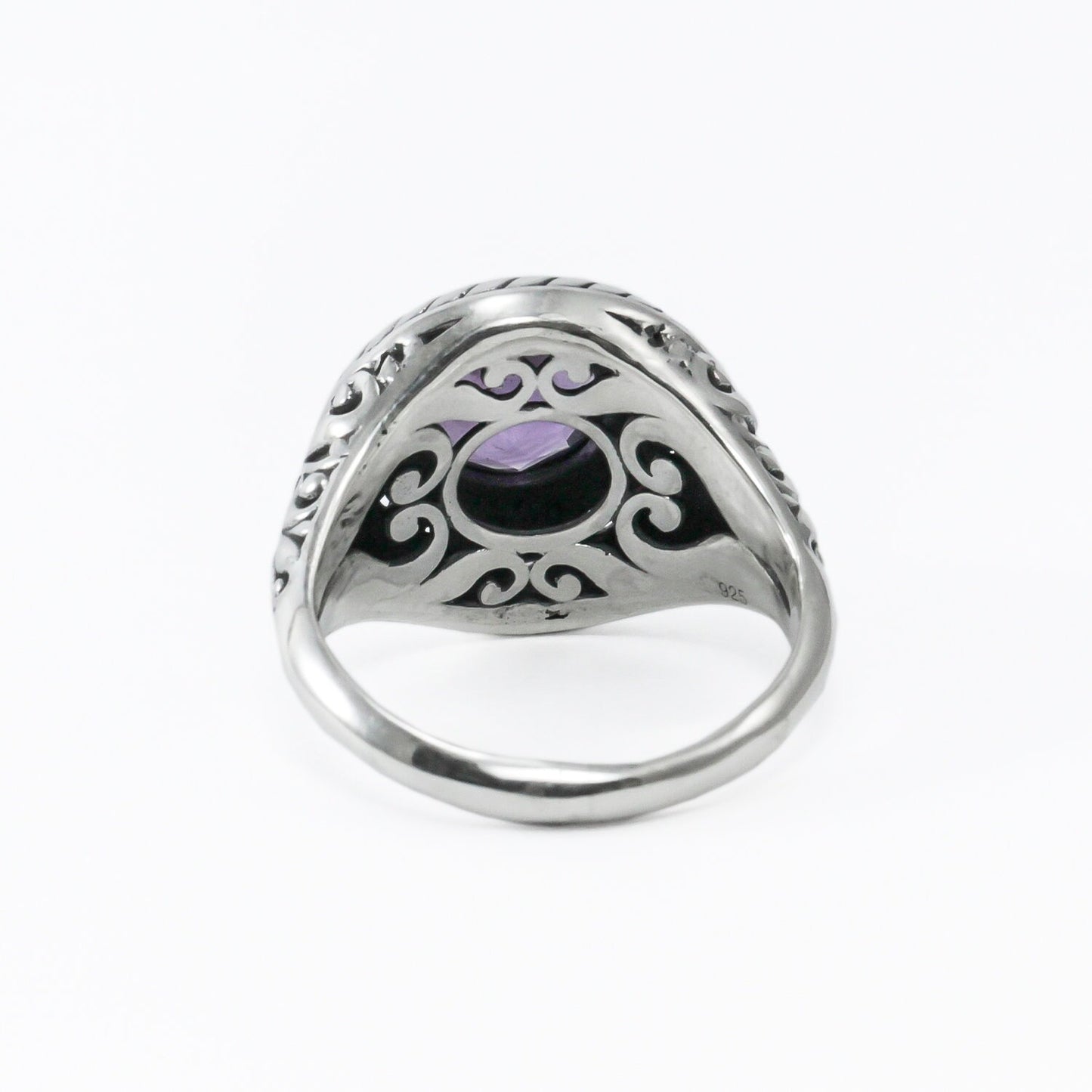 Genuine amethyst ring 925 sterling silver decorated with filigree ornament