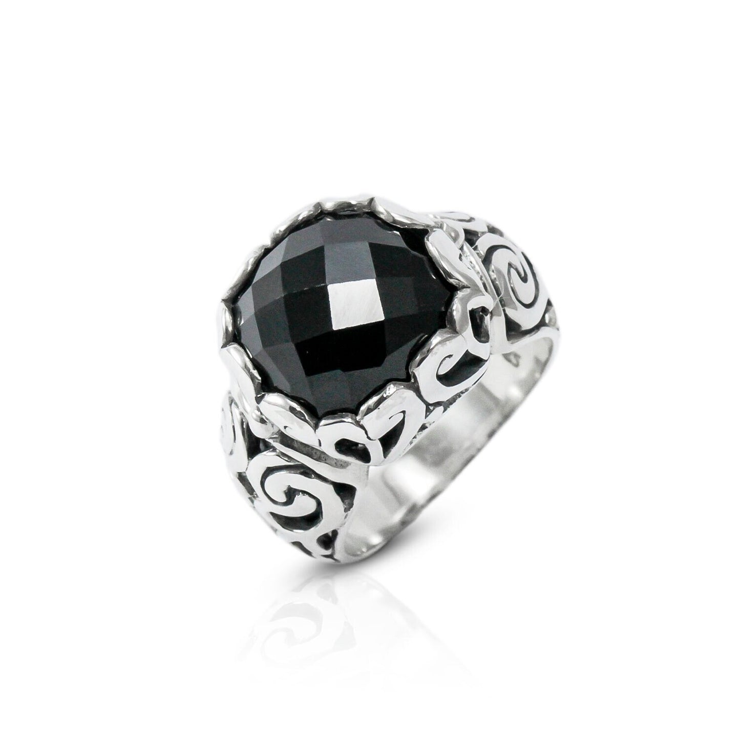 Black onyx ring set in 925 sterling silver decorated with filigree ornament