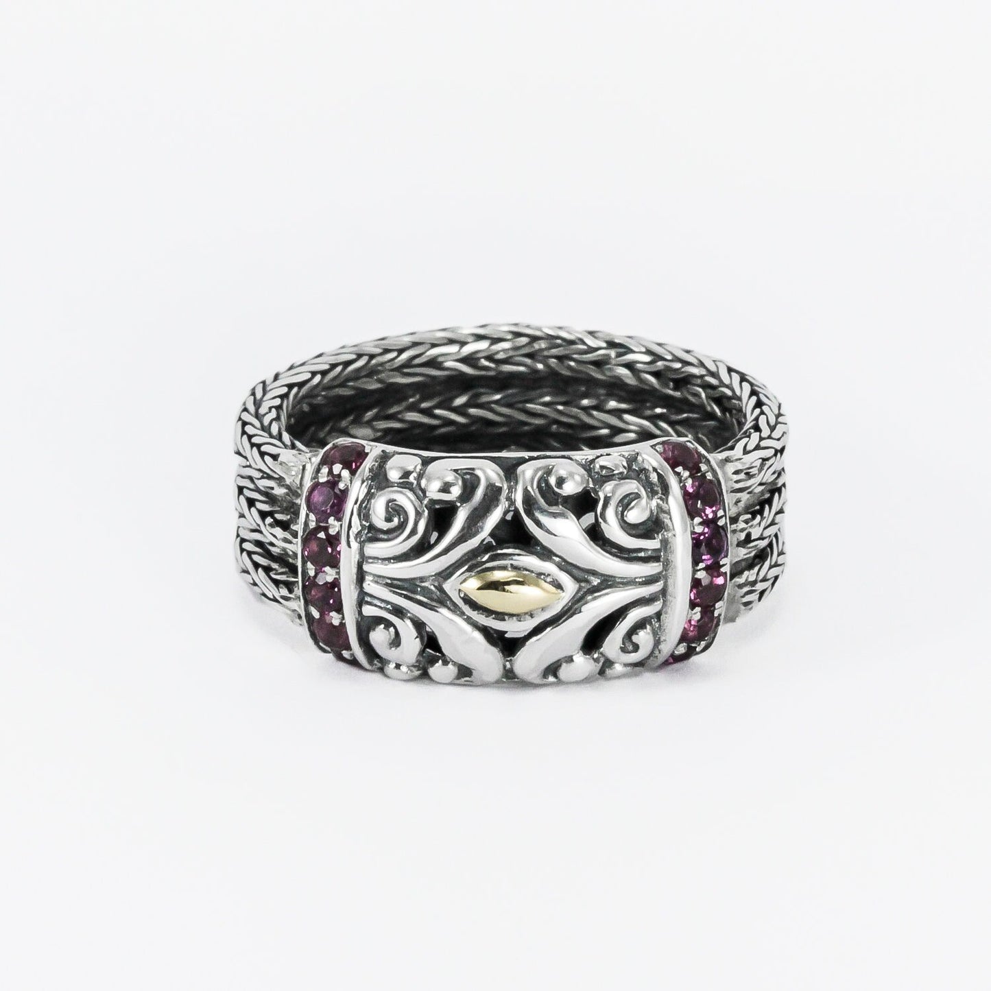 antique ring for women 925 sterling silver decorated with genuine rhodolite and 18K gold