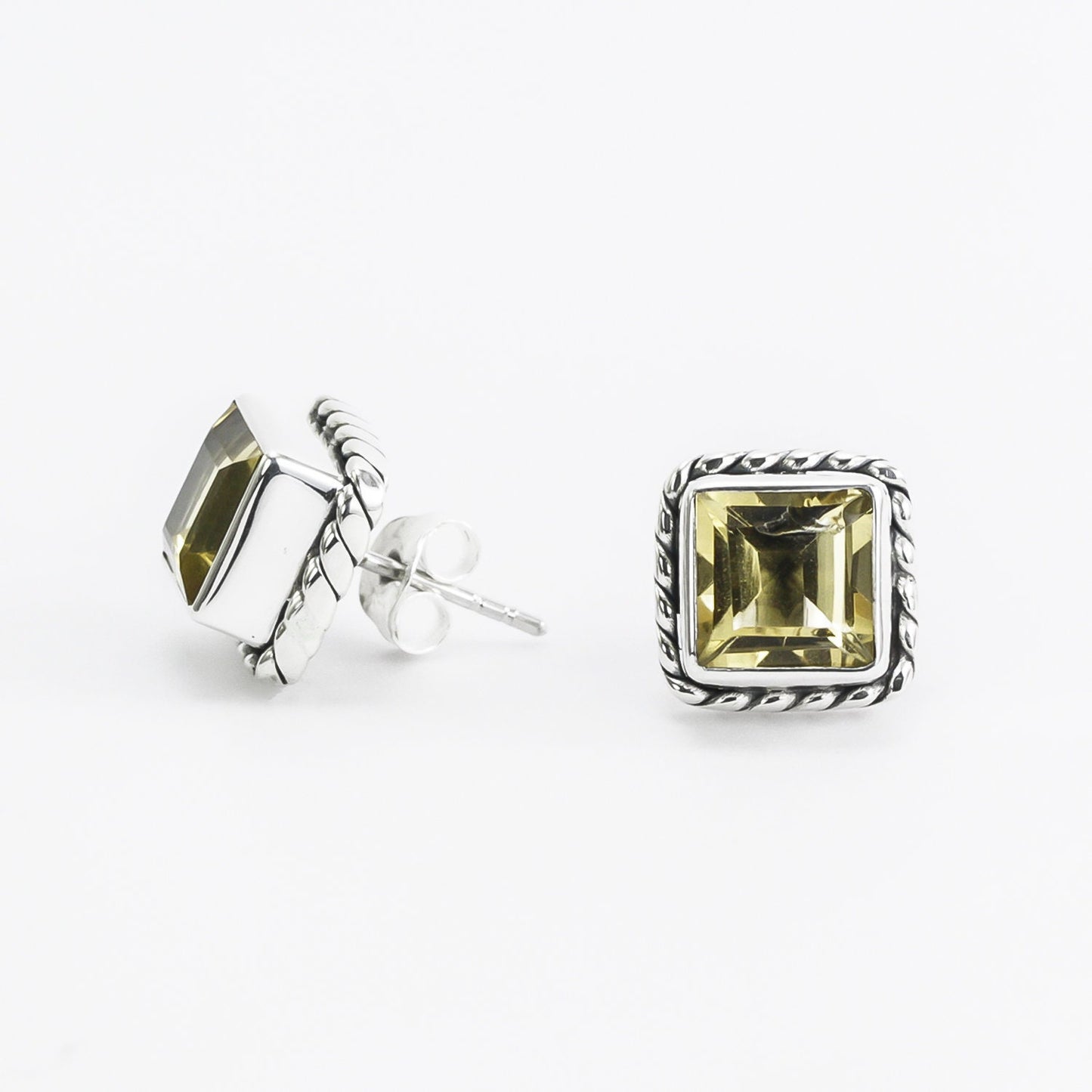 Citrine earrings studs sterling silver 9 mm Square decorated with cable edge bezel set
