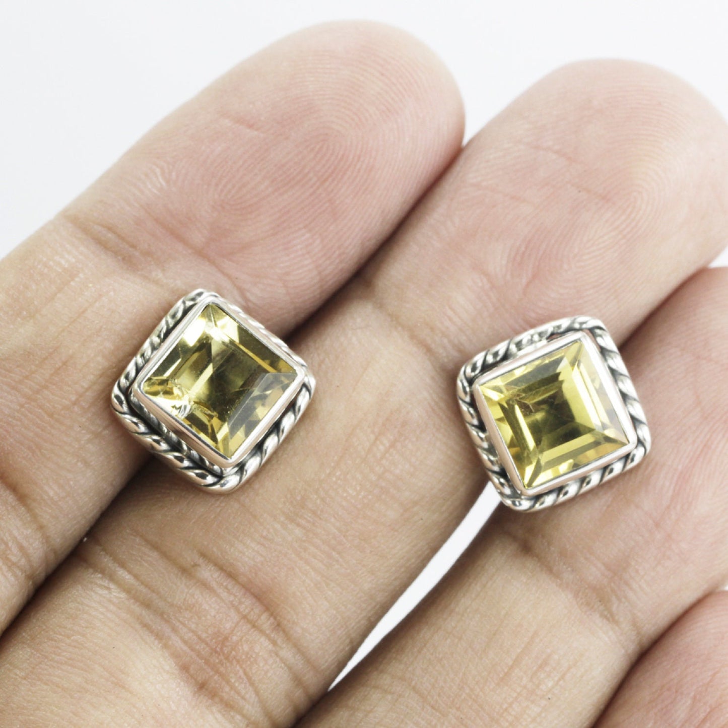 Citrine earrings studs sterling silver 9 mm Square decorated with cable edge bezel set