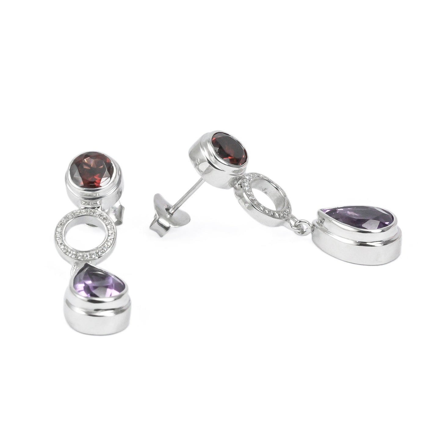 amethyst stud earrings 925 with genuine red garnet and micro setting crystal