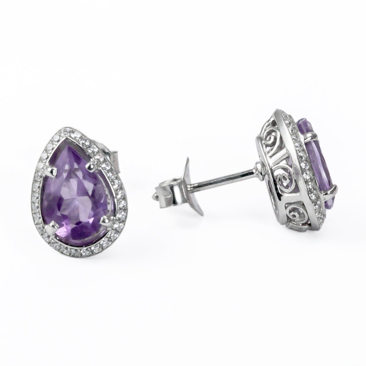 Teardrop Amethyst Earrings Studs 6*9 mm bezel set in 925 stud earrings push back closure with genuine white crystal