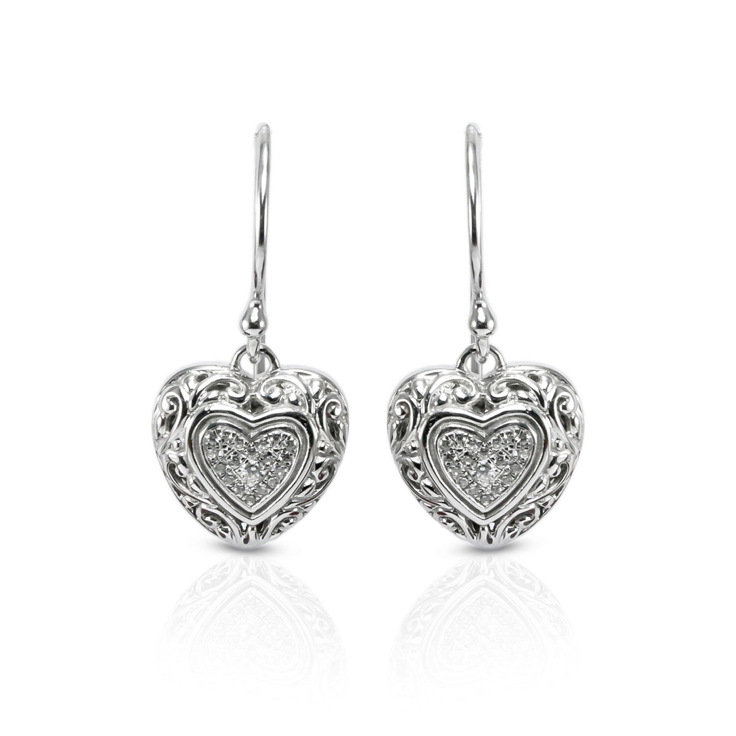Heart shape earrings dangle drop 925 sterling silver with white topaz, open work filigree earrings