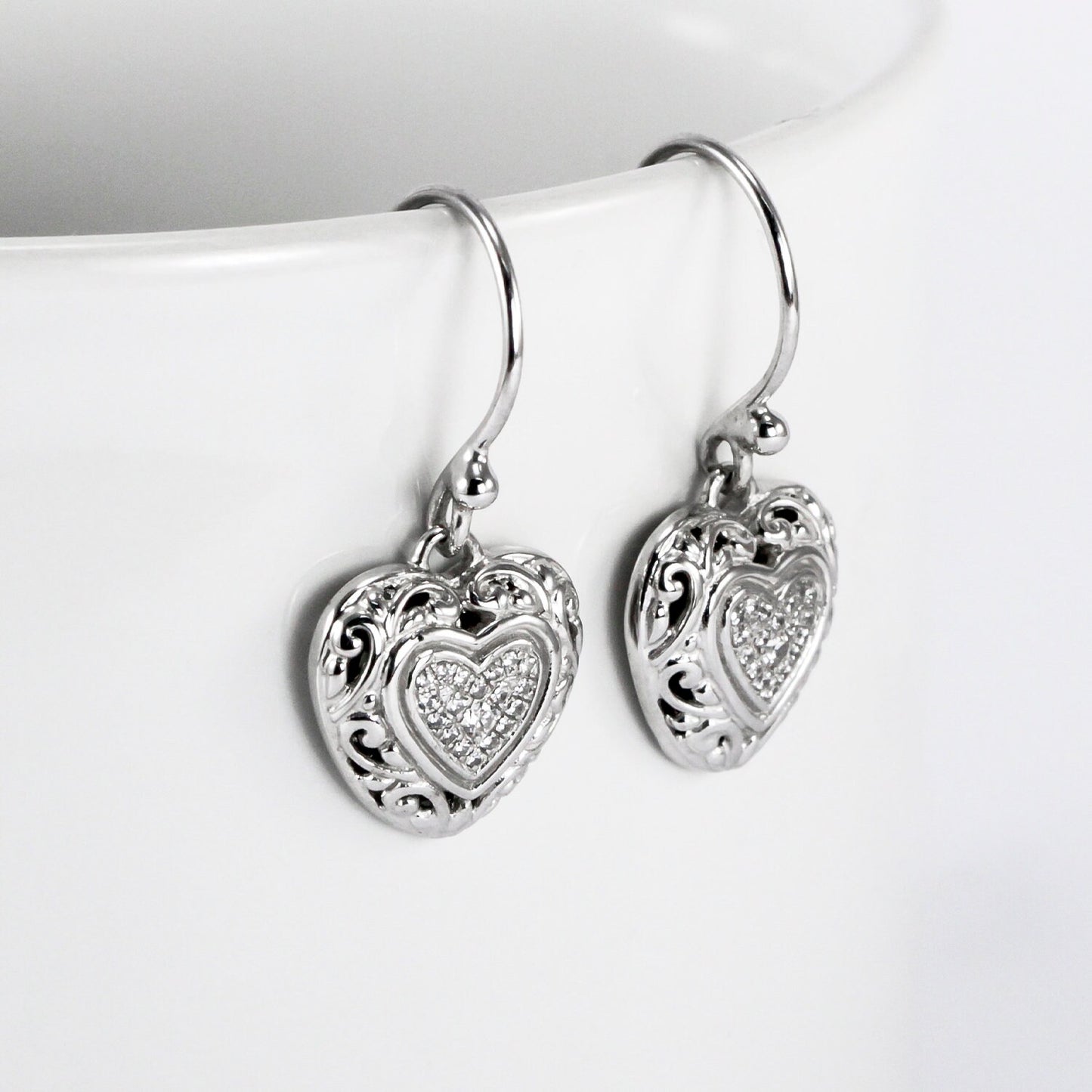 Heart shape earrings dangle drop 925 sterling silver with white topaz, open work filigree earrings